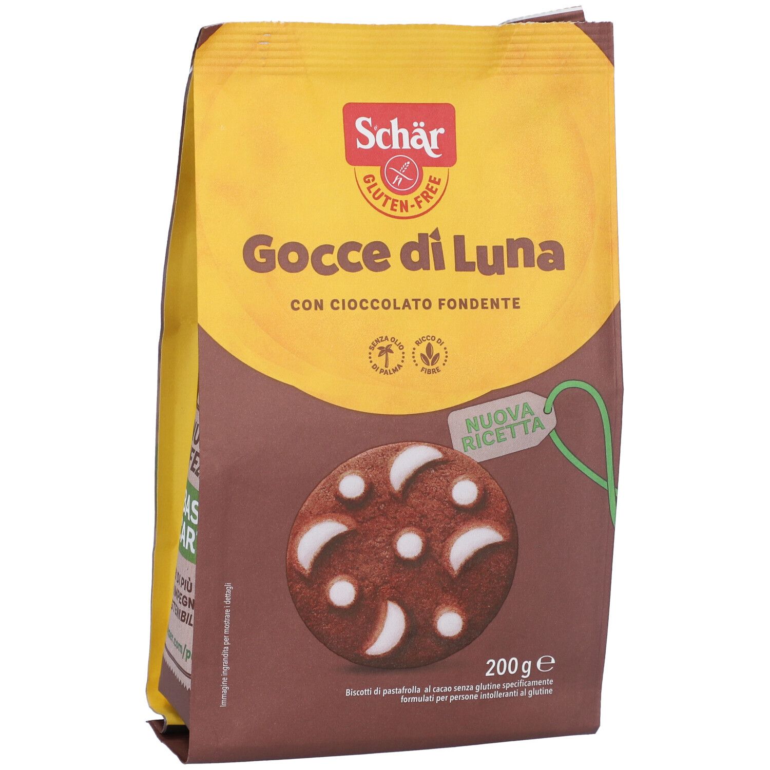 Confezione Schar Gocce di Luna. Sacchetto giallo-marrone con nome, immagine e testo.