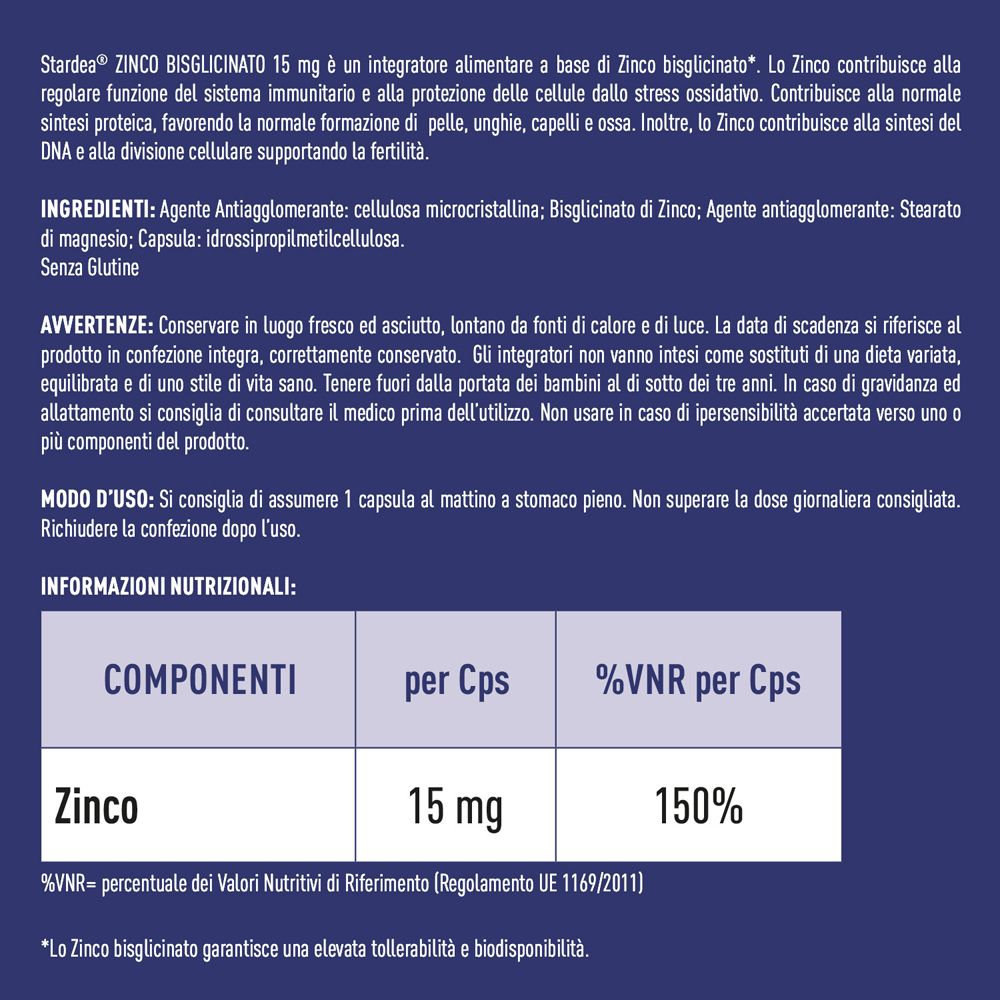 Stardea Zinco Bisglicinato 15 Mg - Integratore Alimentare per il Sistema Immunitario, Pelle e Capelli