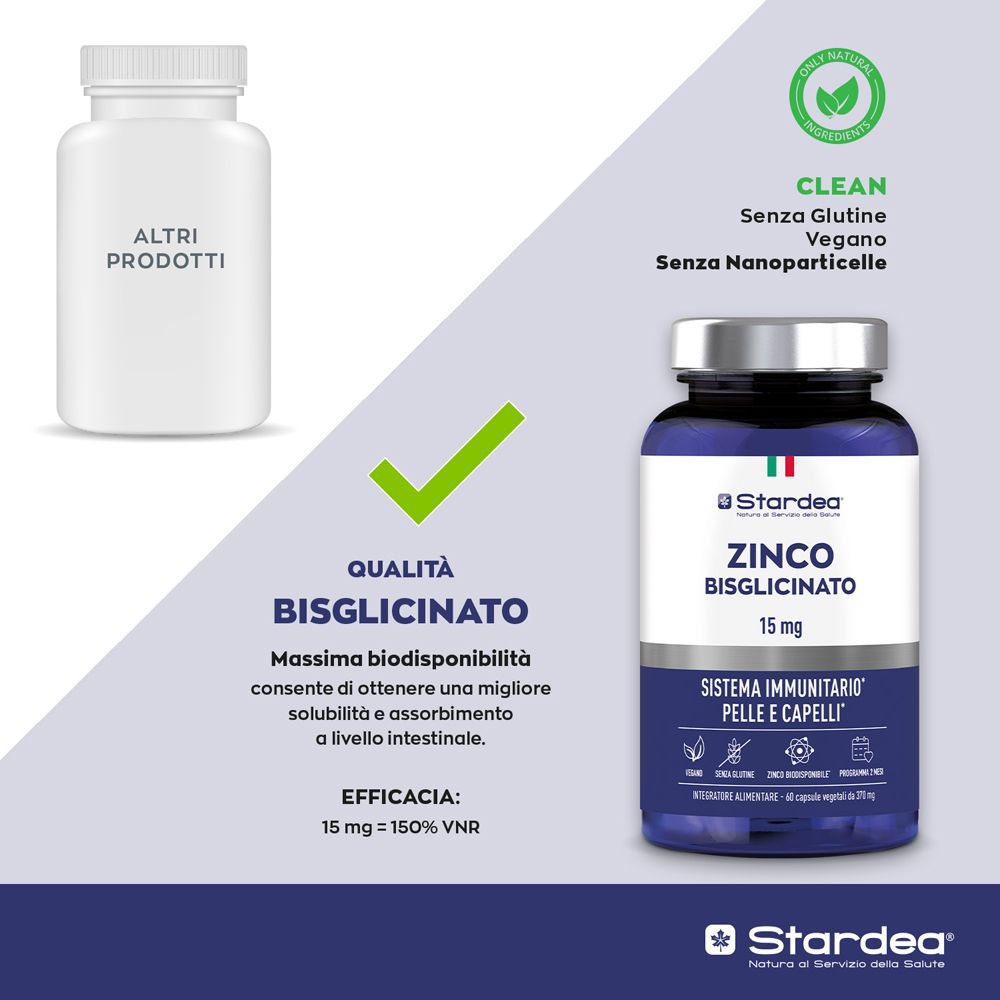 Stardea Zinco Bisglicinato 15 Mg - Integratore Alimentare per il Sistema Immunitario, Pelle e Capelli