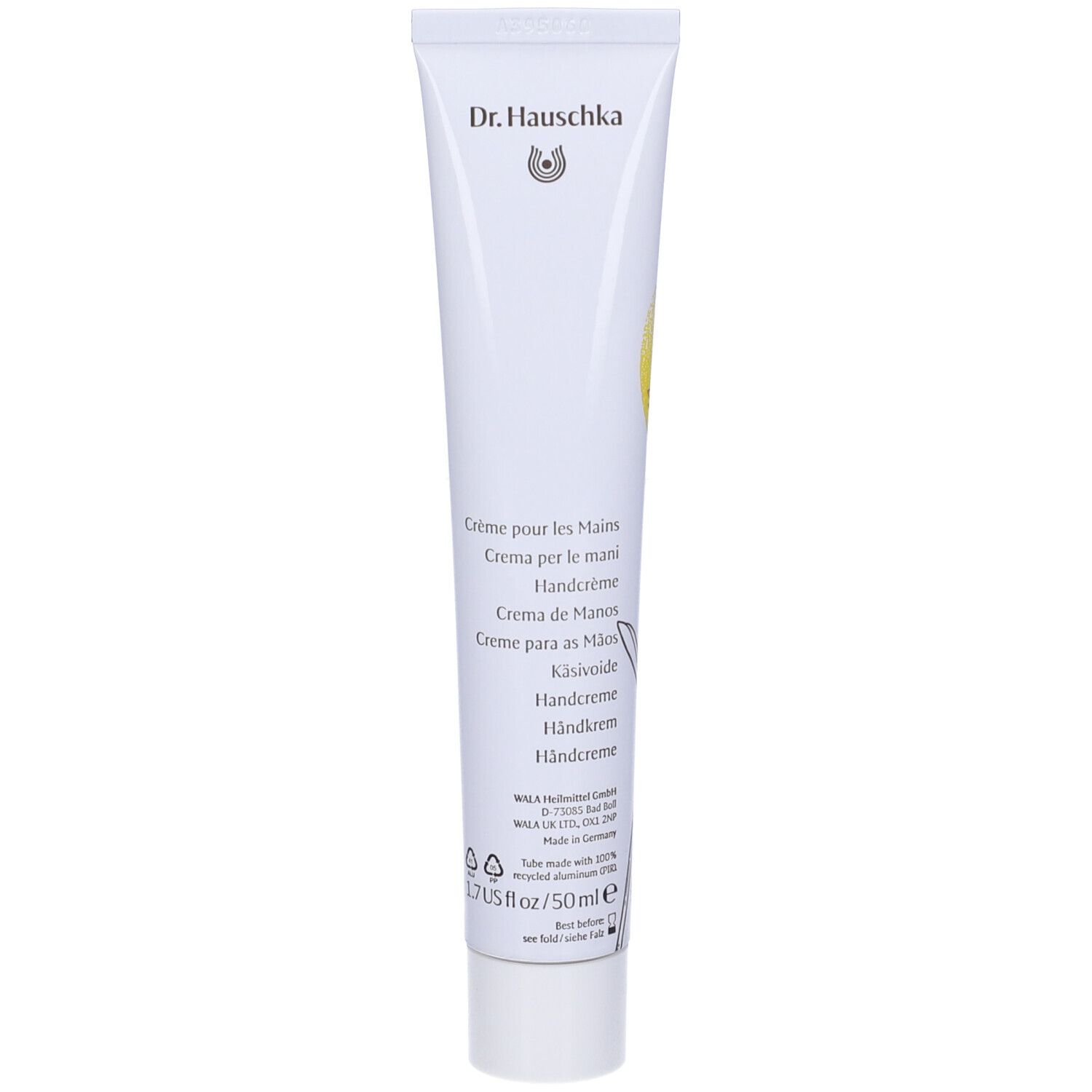 Tubo bianco con testi multilingue. Scritta: Dr. Hauschka, Handcreme, Creme per le Mani, 50ml.