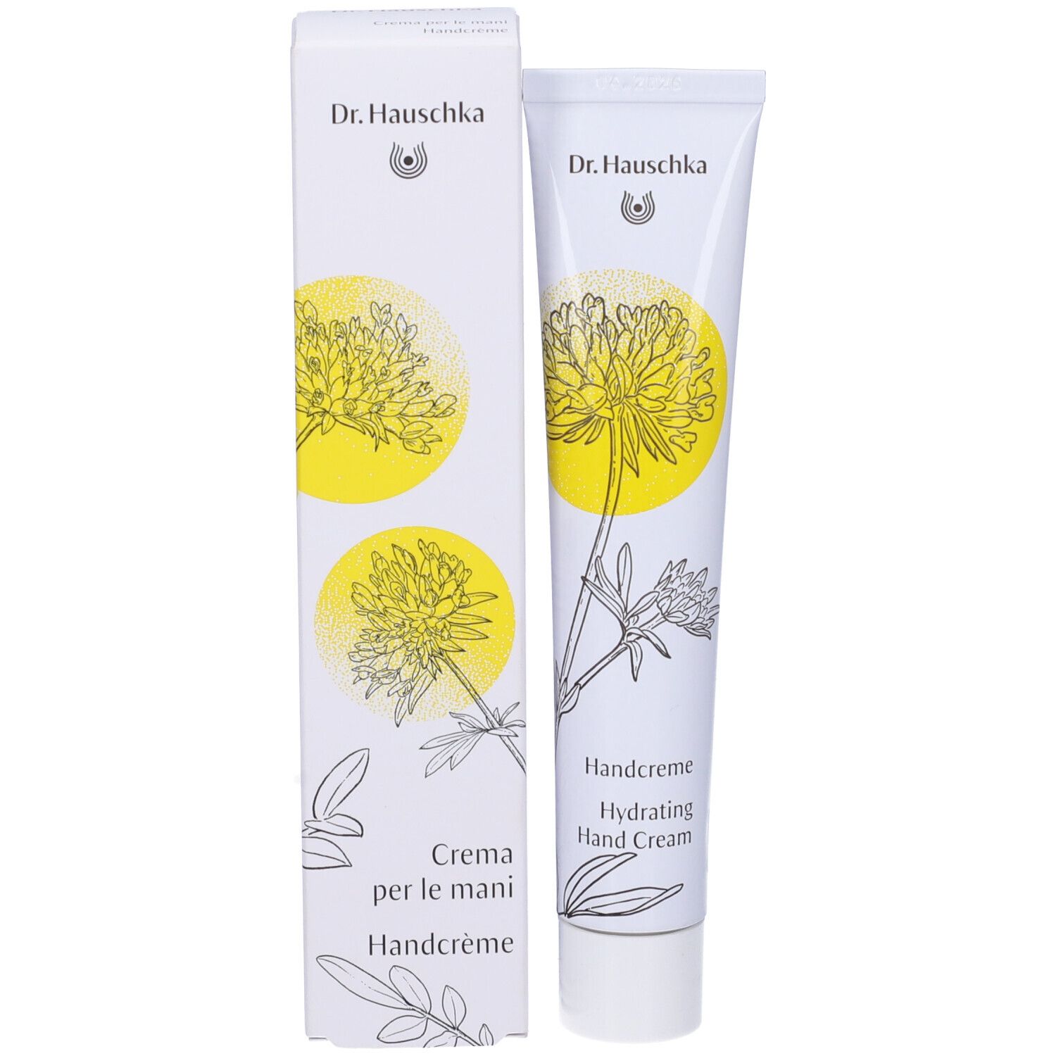 Tubo e scatola. Scritta: Dr. Hauschka, Handcreme, Creme per le mani, Hydrating Hand Cream.