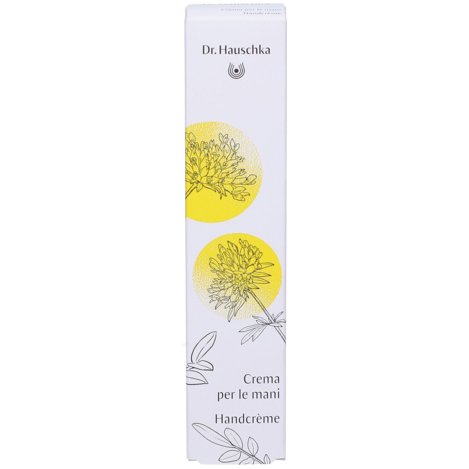 Scatola con design floreale. Scritta: Dr. Hauschka, Creme per le mani, Handcrème.
