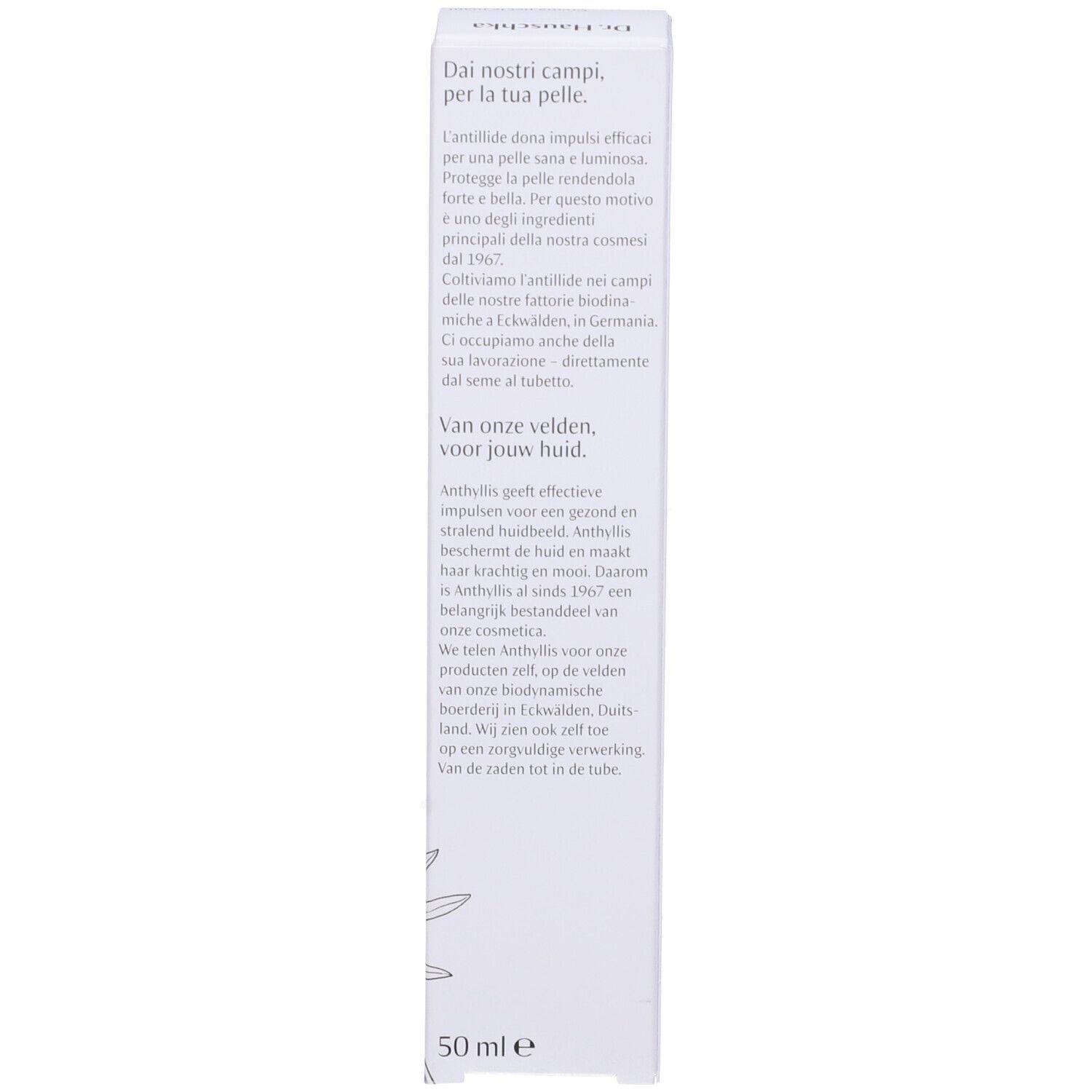 Scatola con testo e design floreale. Scritta: 50 ml.