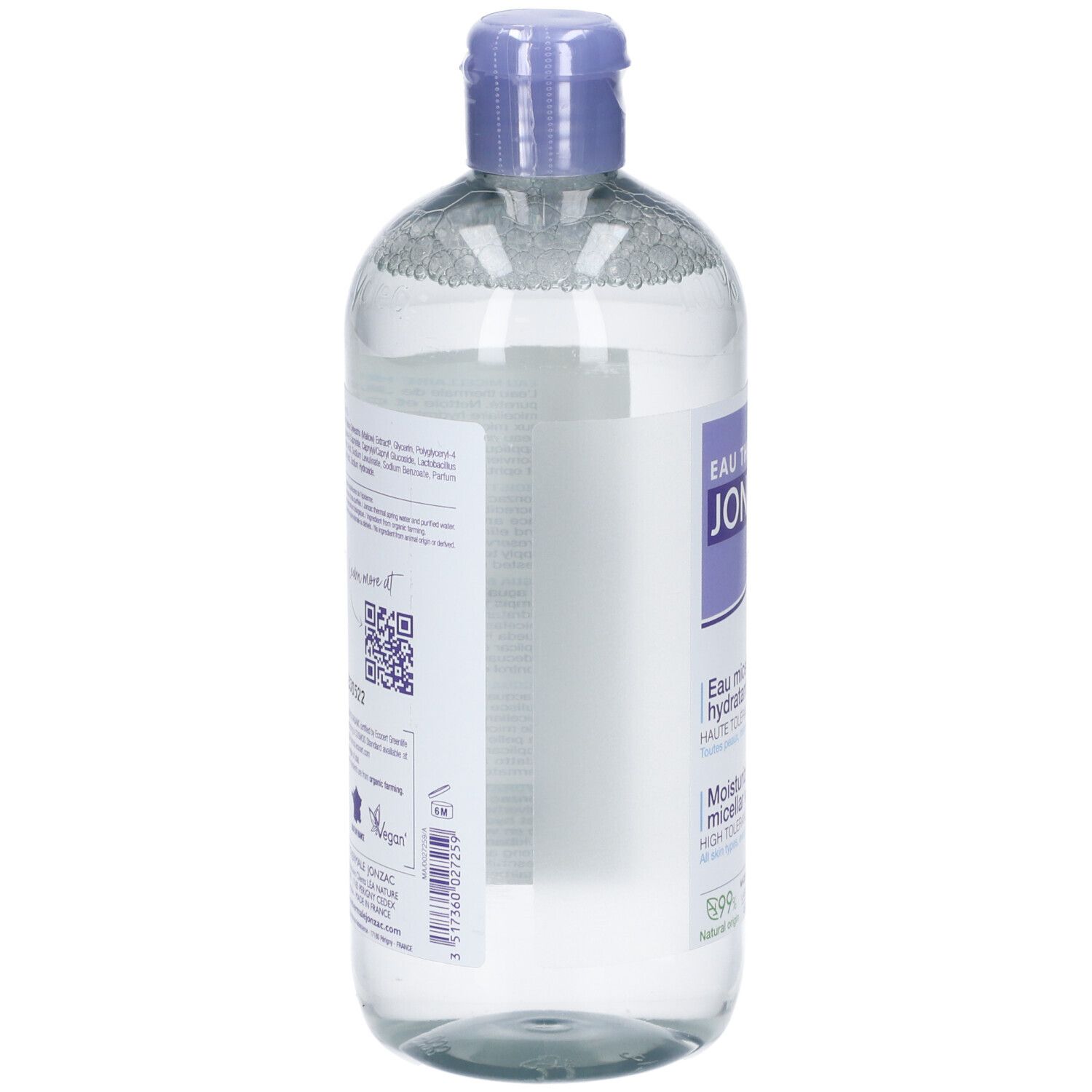 Retro del flacone con testo e codice QR. Flacone con tappo viola e contenuto trasparente.