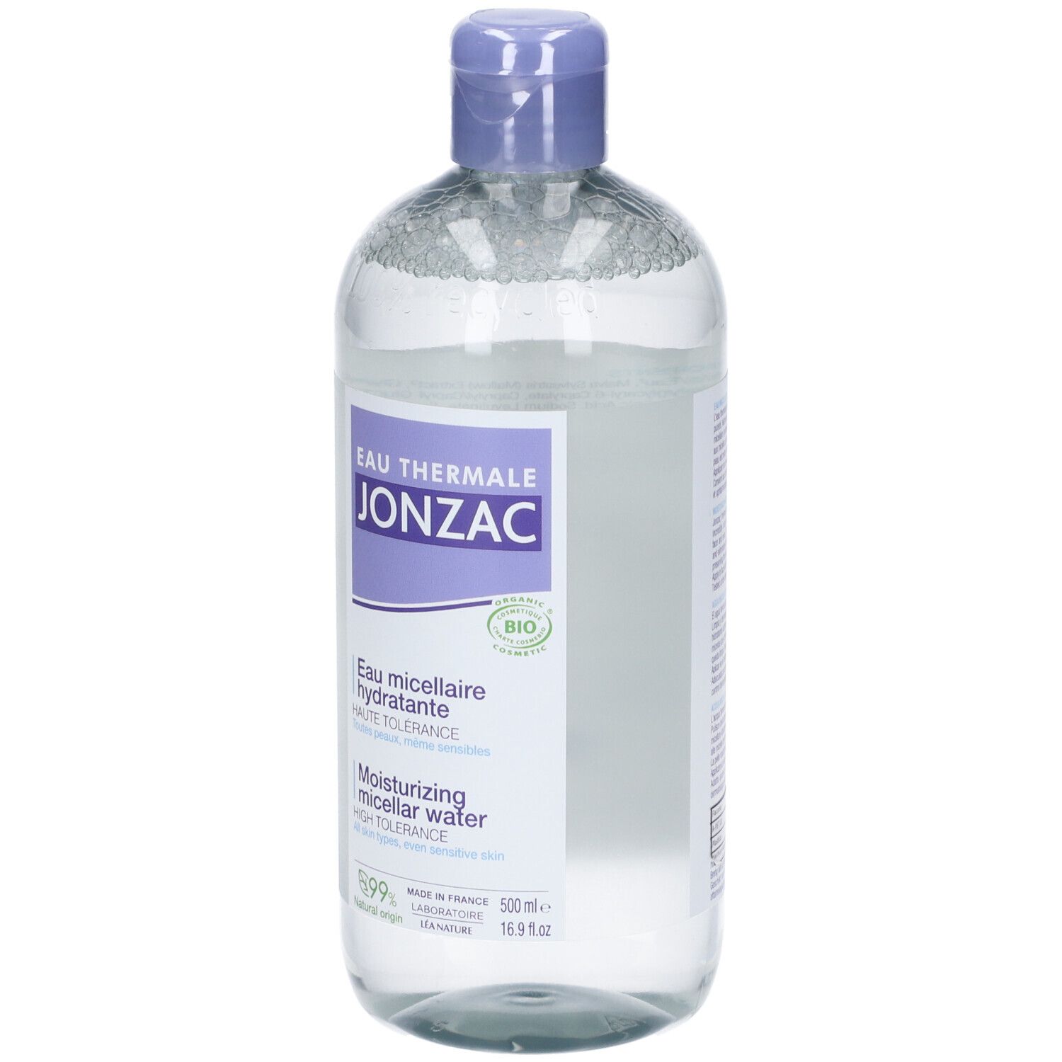 Flacone trasparente con tappo viola. Etichetta con testo: JONZAC, Eau Thermale, Eau micellaire hydratante, Haute tolérance.