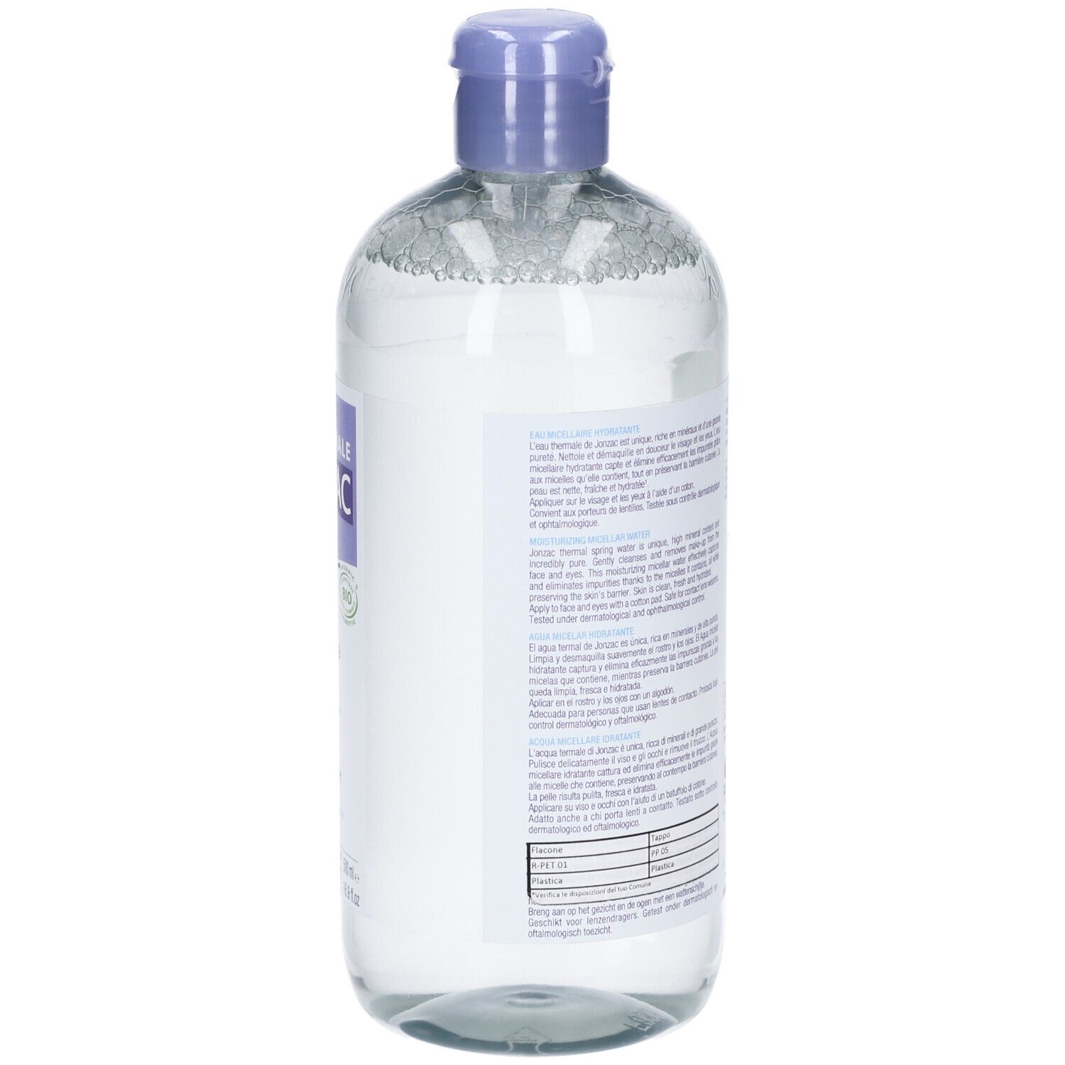 Retro del flacone con testo. Flacone con tappo viola e contenuto trasparente.