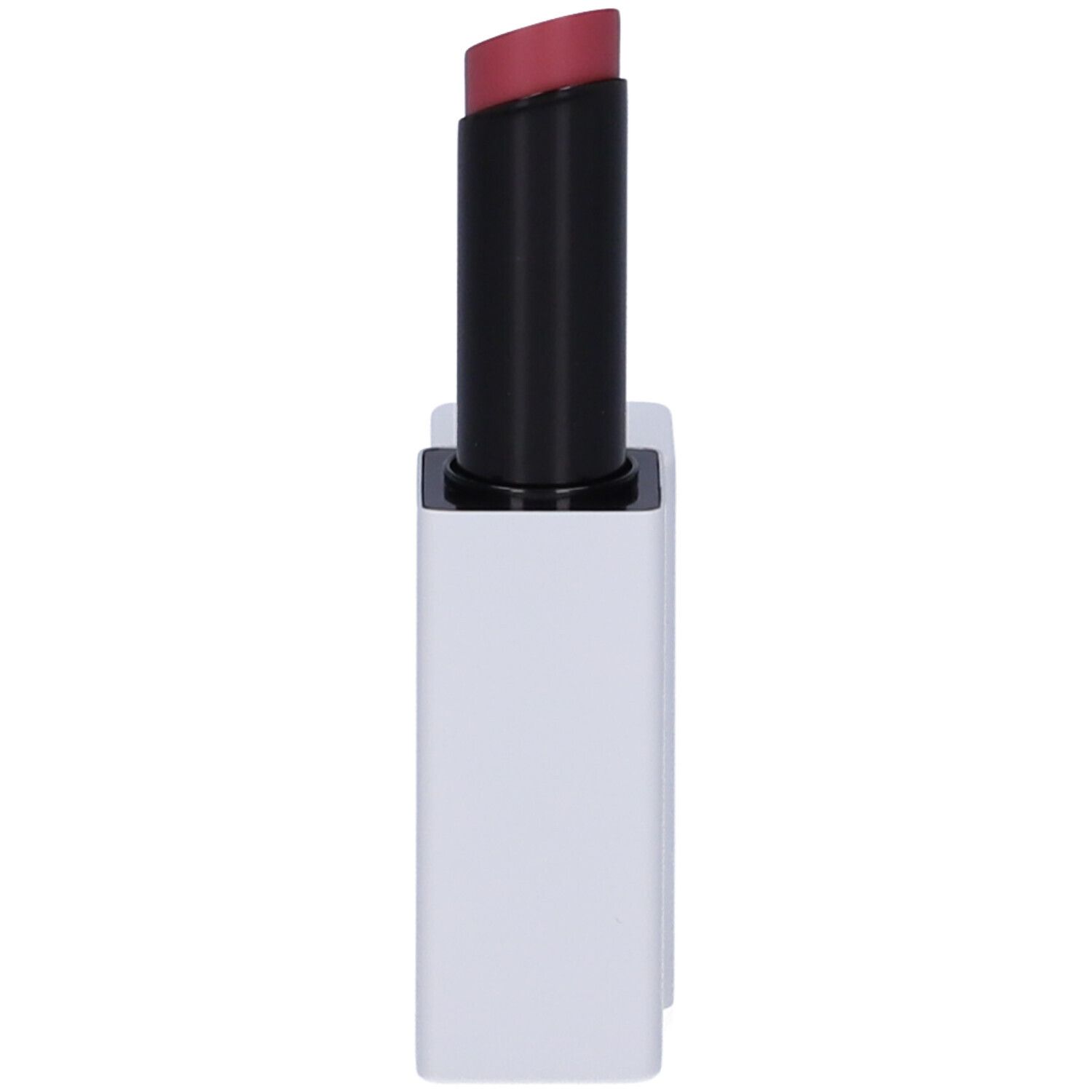 Rossetto rosa. Astuccio nero, contenitore bianco quadrato. Tappo accanto.