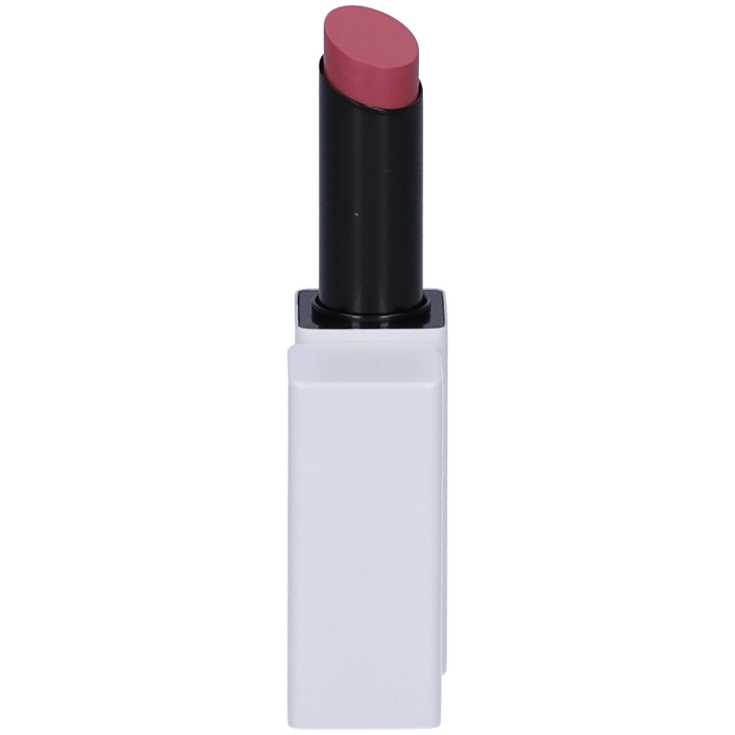 Rossetto rosa. Astuccio nero, contenitore bianco quadrato. Tappo accanto.