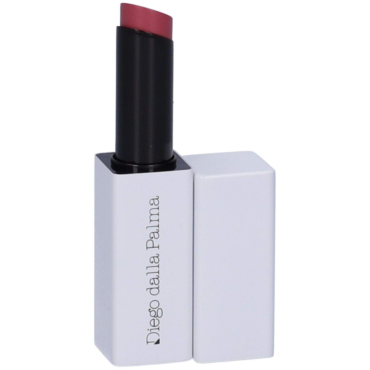Rossetto rosa. Astuccio nero, contenitore bianco quadrato con logo Diego dalla Palma. Tappo accanto.