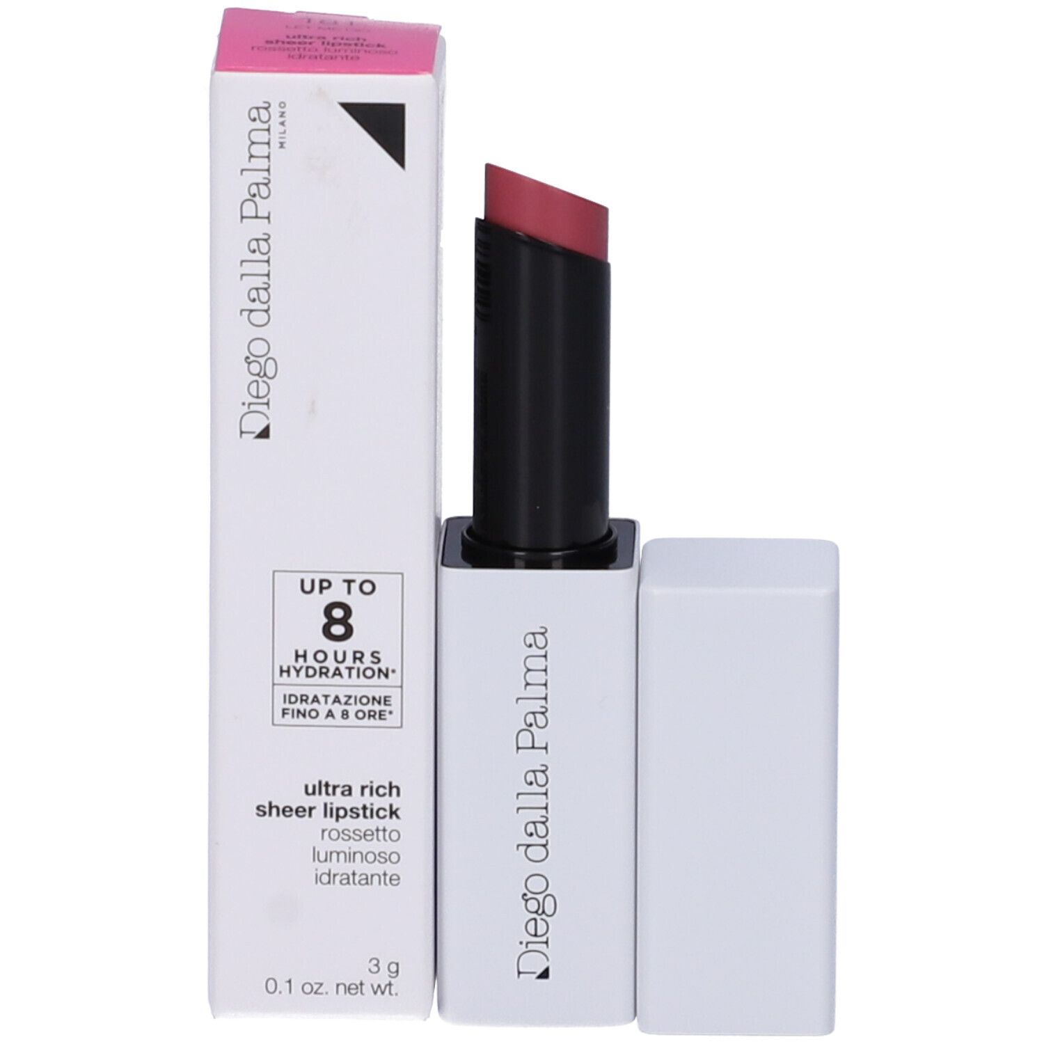 Rossetto rosa e confezione. Astuccio nero, contenitore bianco quadrato con logo. Scatola con testo.