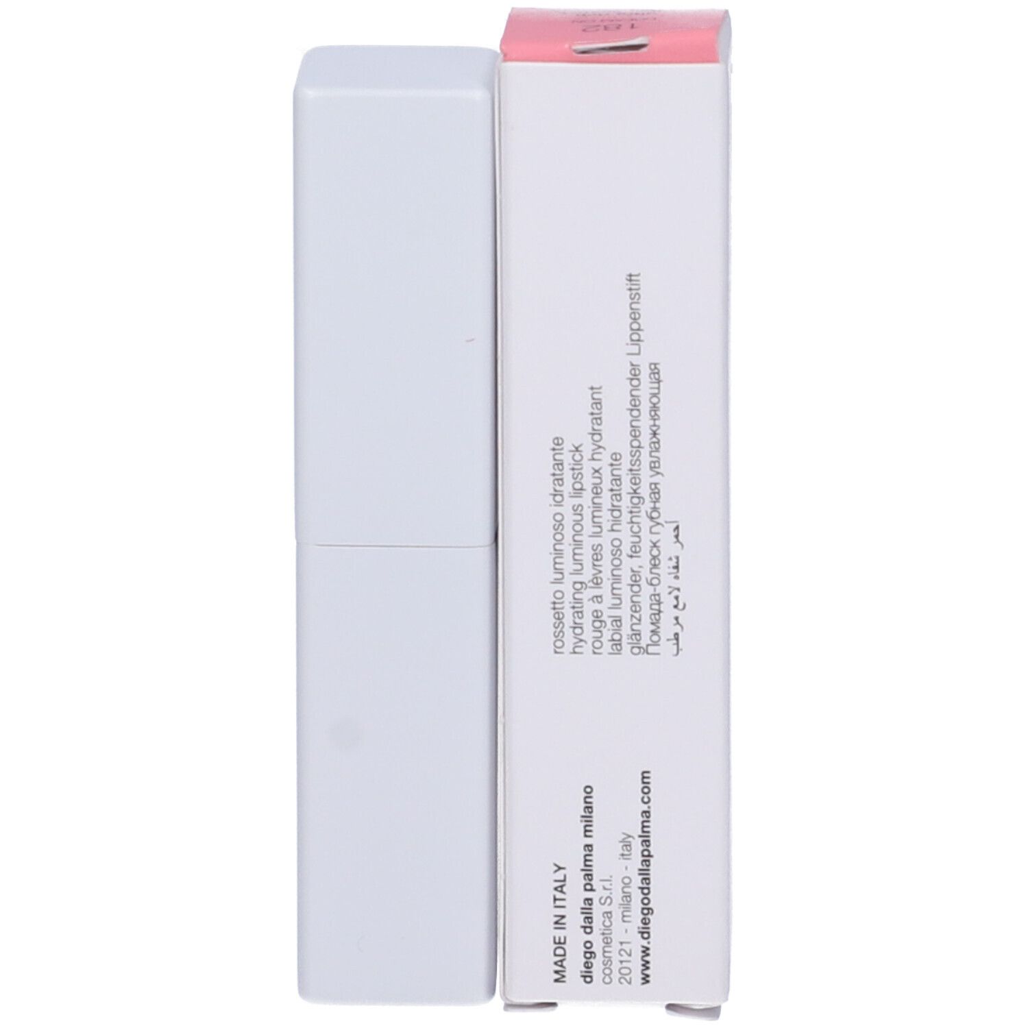 Rossetto bianco e confezione. Confezione con coperchio rosa. Nome del prodotto e dettagli. Prodotto in Italia.