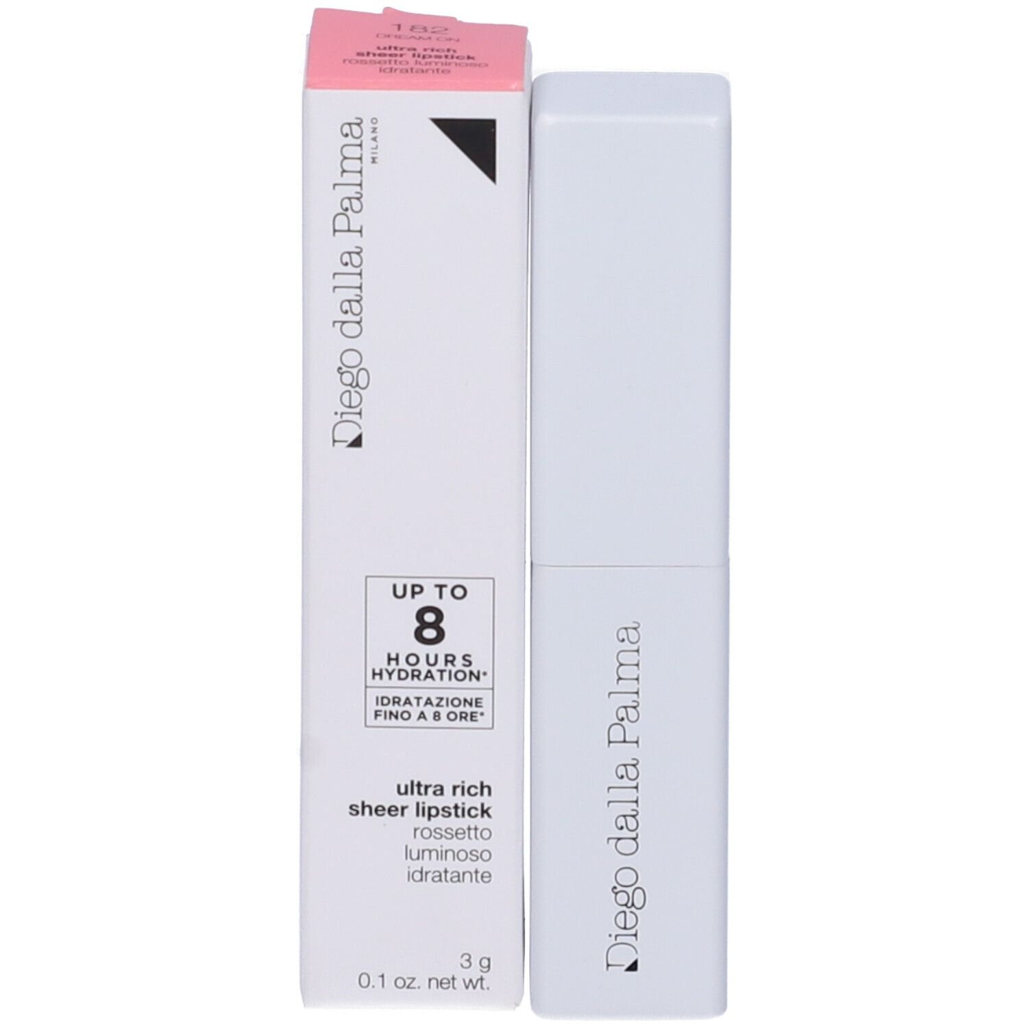 Rossetto bianco e confezione. Confezione con coperchio rosa, nome del prodotto e dettagli. Rossetto con logo nero.