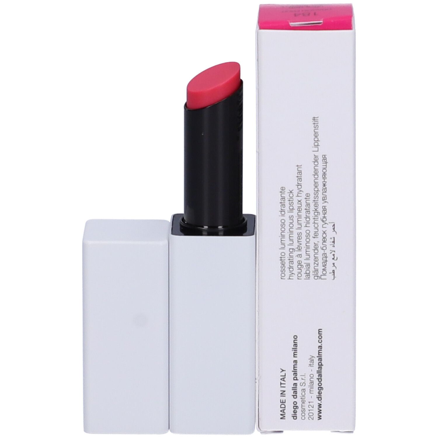 Rossetto rosa in confezione bianca aperta. Marchio Diego dalla Palma. Testo multilingue.