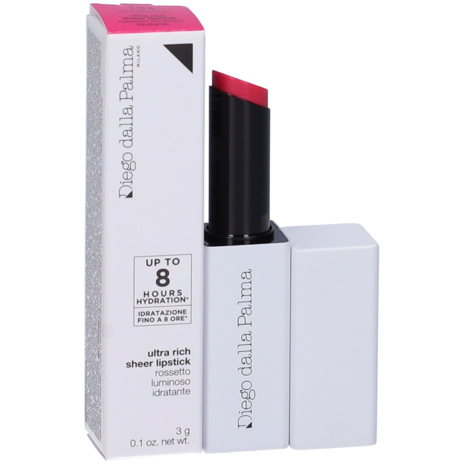Rossetto rosa in confezione bianca aperta. Marchio Diego dalla Palma. Scritto: 'Ultra rich sheer lipstick'.