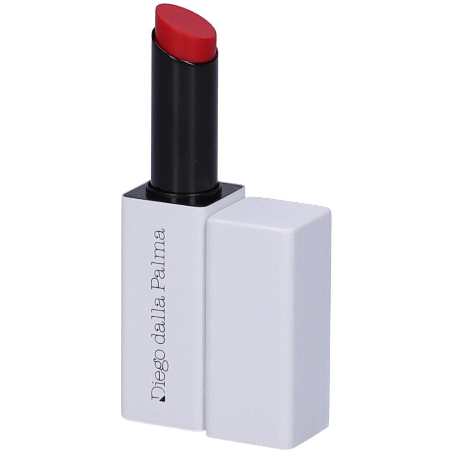 Rossetto rosso in astuccio bianco. Manicotto nero. Tappo accanto. Marchio Diego dalla Palma.