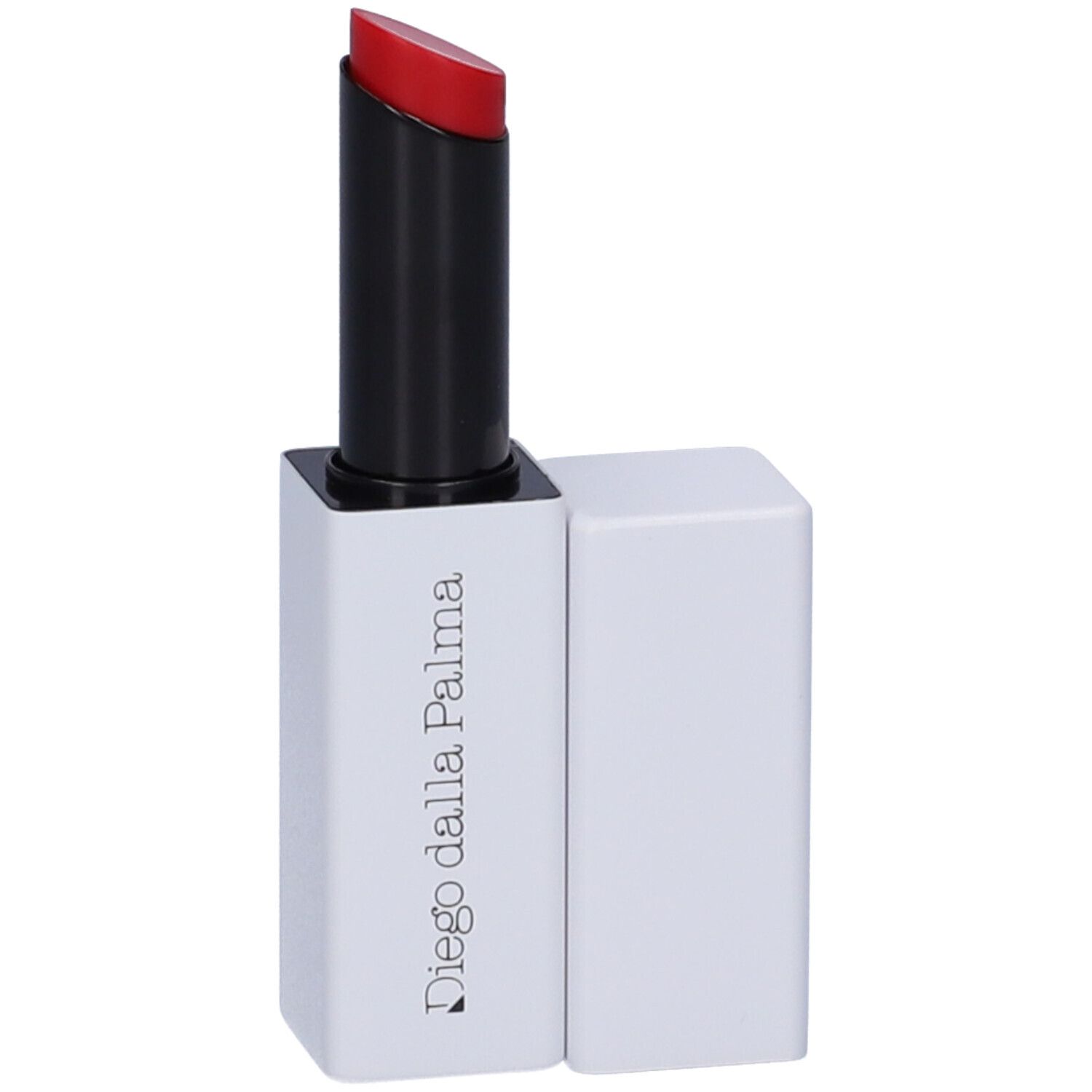 Rossetto rosso in astuccio bianco. Manicotto nero. Tappo accanto. Marchio Diego dalla Palma.