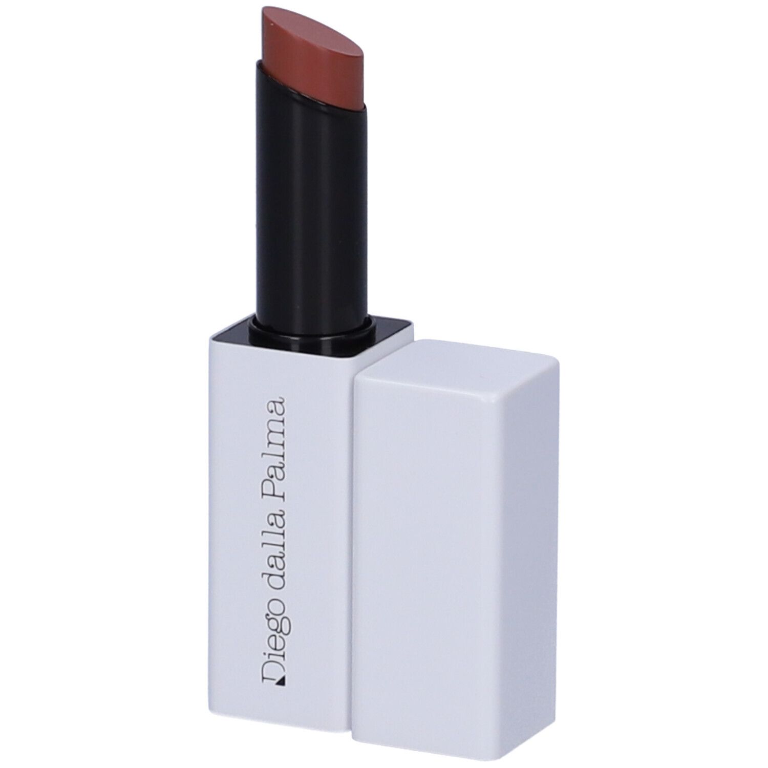 Rossetto marrone, astuccio nero e custodia bianca. Scritta: Diego dalla Palma.