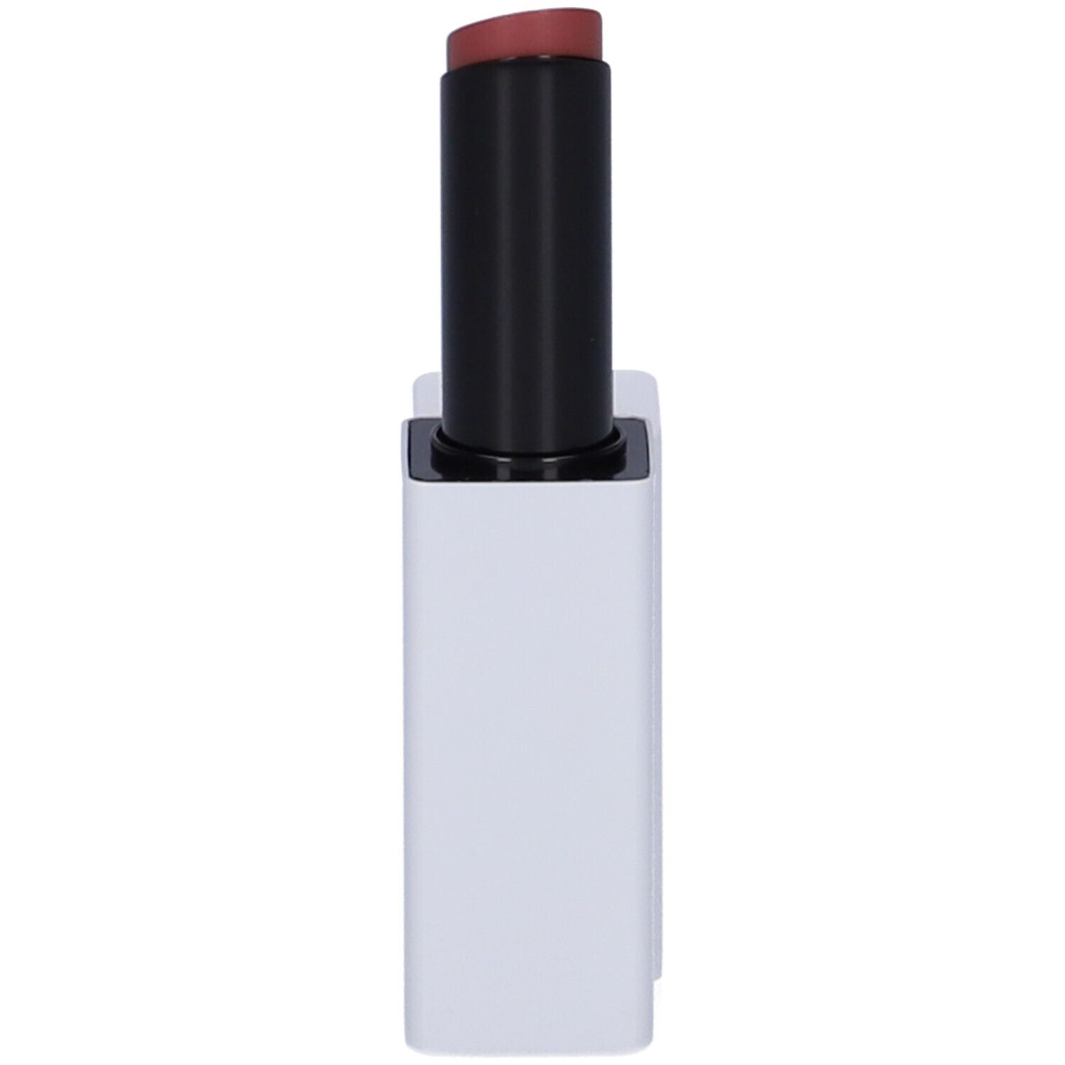 Rossetto con astuccio bianco e stick nero. Il rossetto è aperto e mostra un colore rosa.
