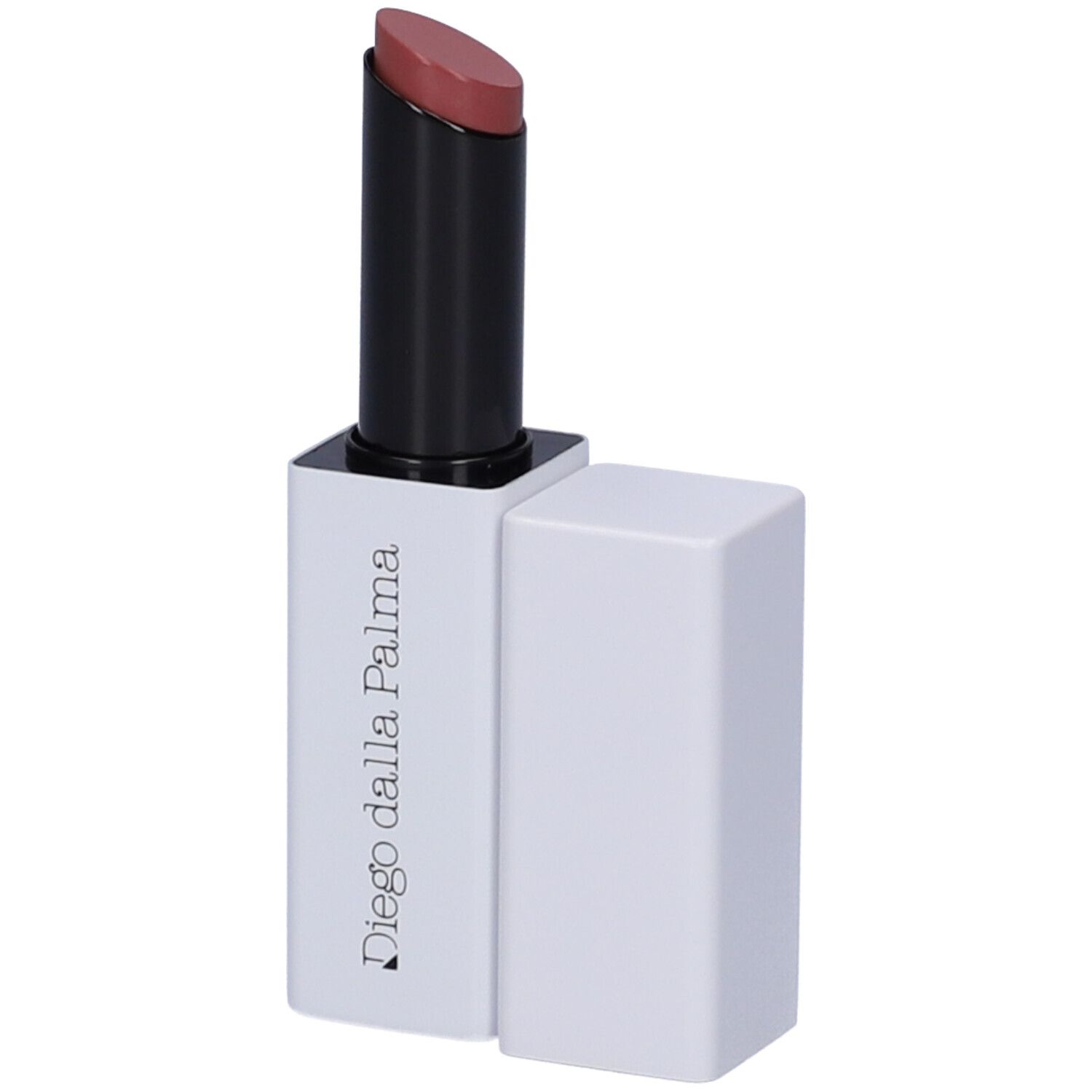 Rossetto con astuccio bianco e stick nero. Sull'astuccio è scritto "Diego dalla Palma". Il rossetto è aperto e mostra un colore rosa.