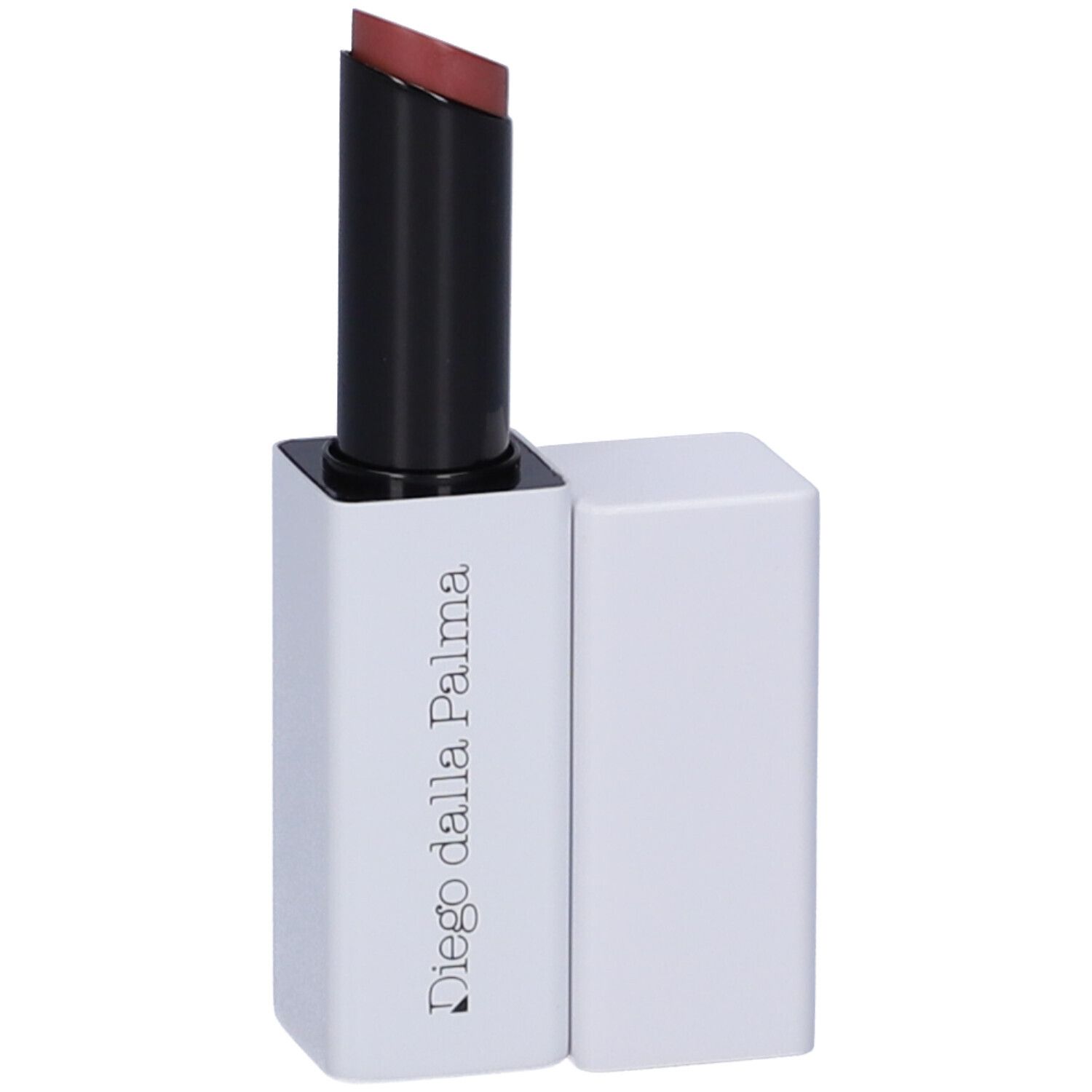 Rossetto con astuccio bianco e stick nero. Sull'astuccio è scritto "Diego dalla Palma". Il rossetto è aperto e mostra un colore rosa.