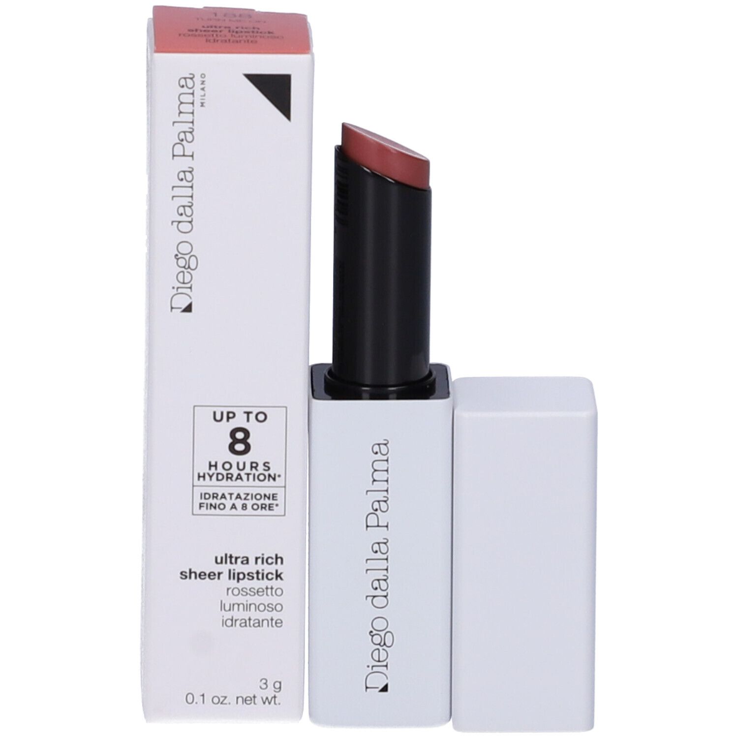 Rossetto con confezione. Sulla confezione è scritto "Diego dalla Palma". Il rossetto è aperto e mostra un colore rosa.