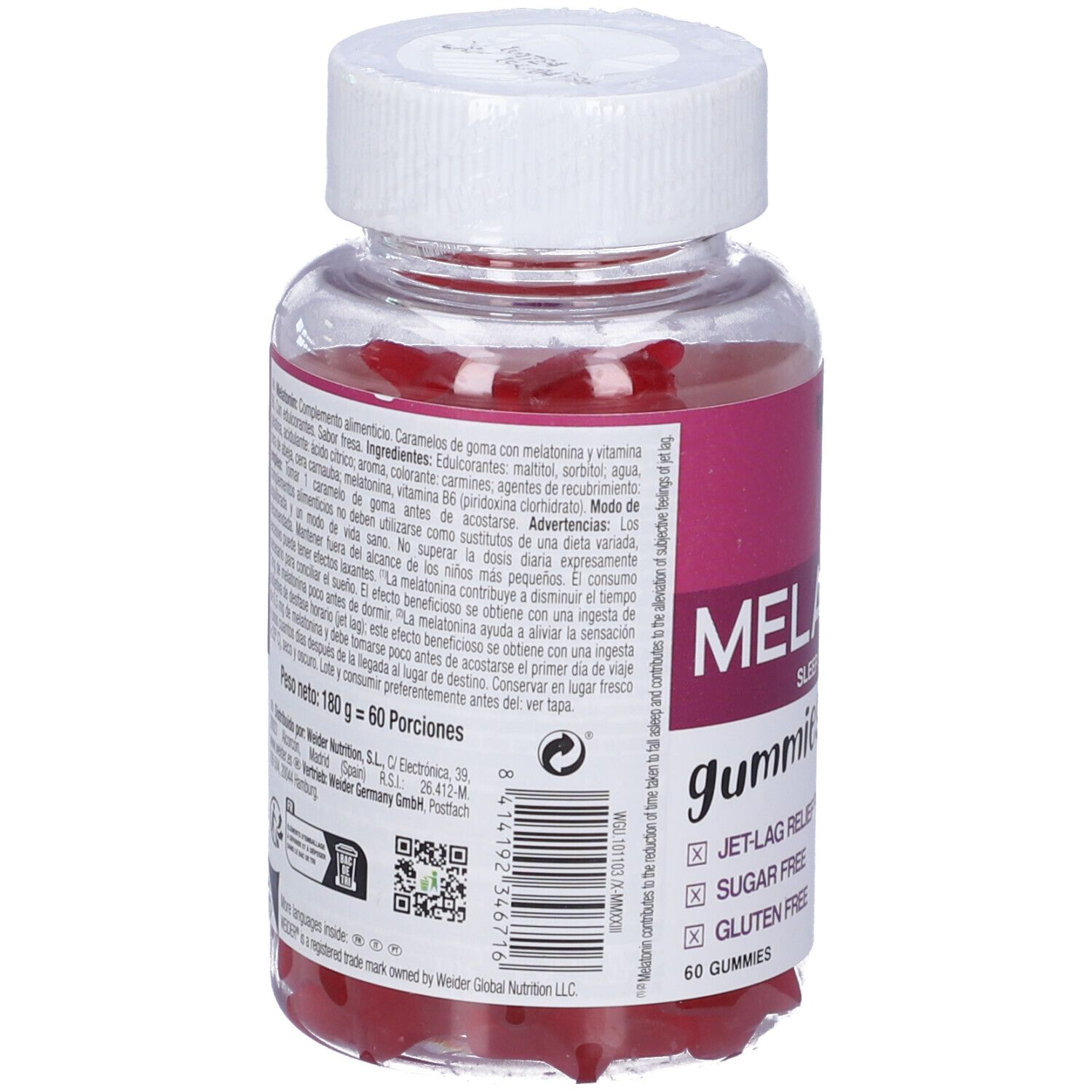 Retro del flacone di Weider Melatonin Gummies. Testo: ingredienti, avvertenze, informazioni nutrizionali. 60 porzioni. Informazioni produttore.