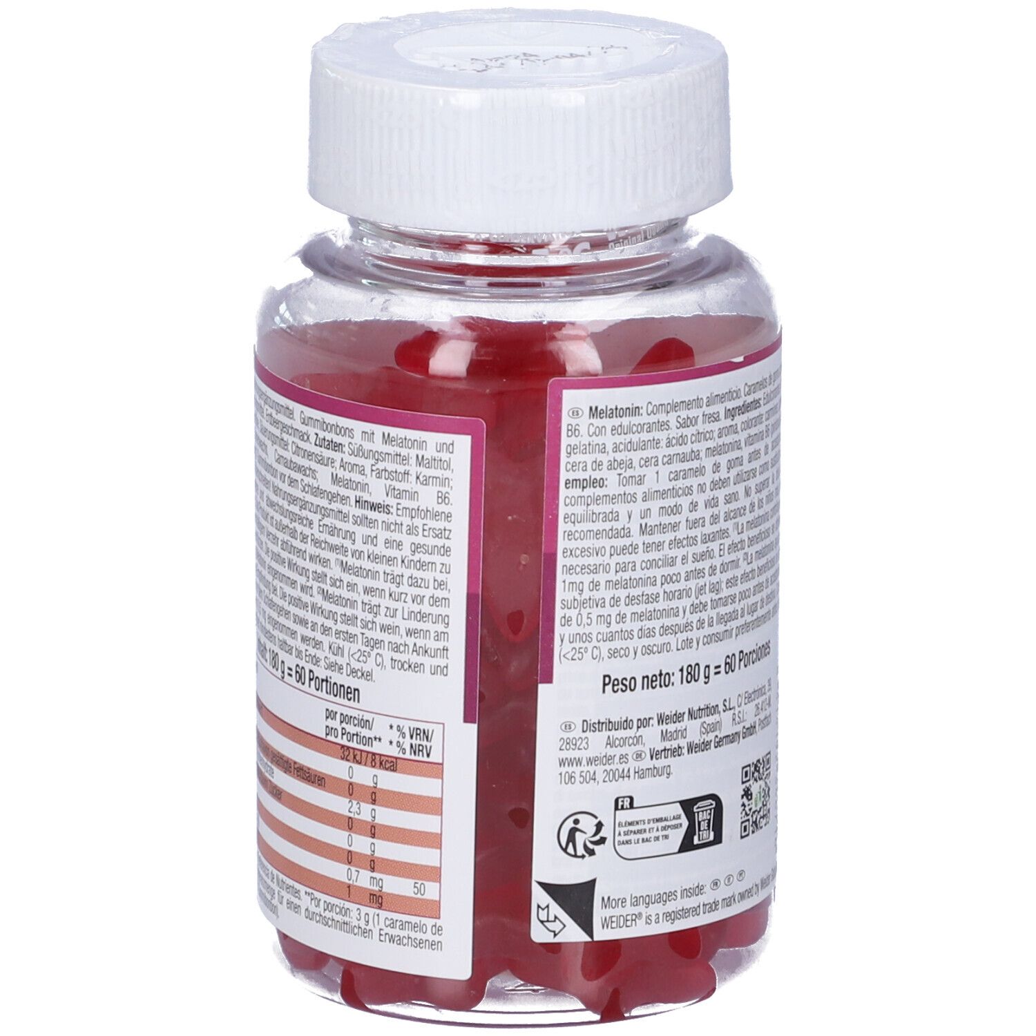 Retro del flacone di Weider Melatonin Gummies. Testo: ingredienti, informazioni nutrizionali. 60 porzioni. Informazioni produttore. Codice QR.