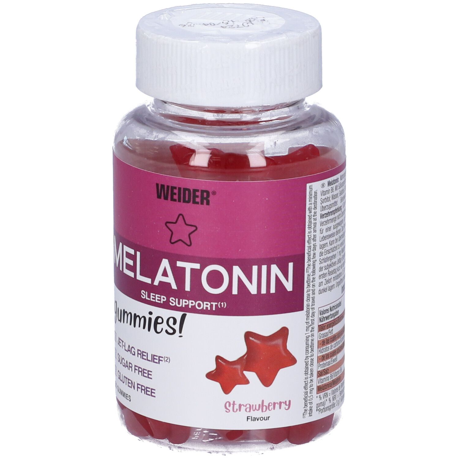 Flacone di Weider Melatonin Gummies. Orsetti gommosi rossi. Scritte: Melatonin, Sleep Support, Jet-Lag Relief, senza zucchero, senza glutine.