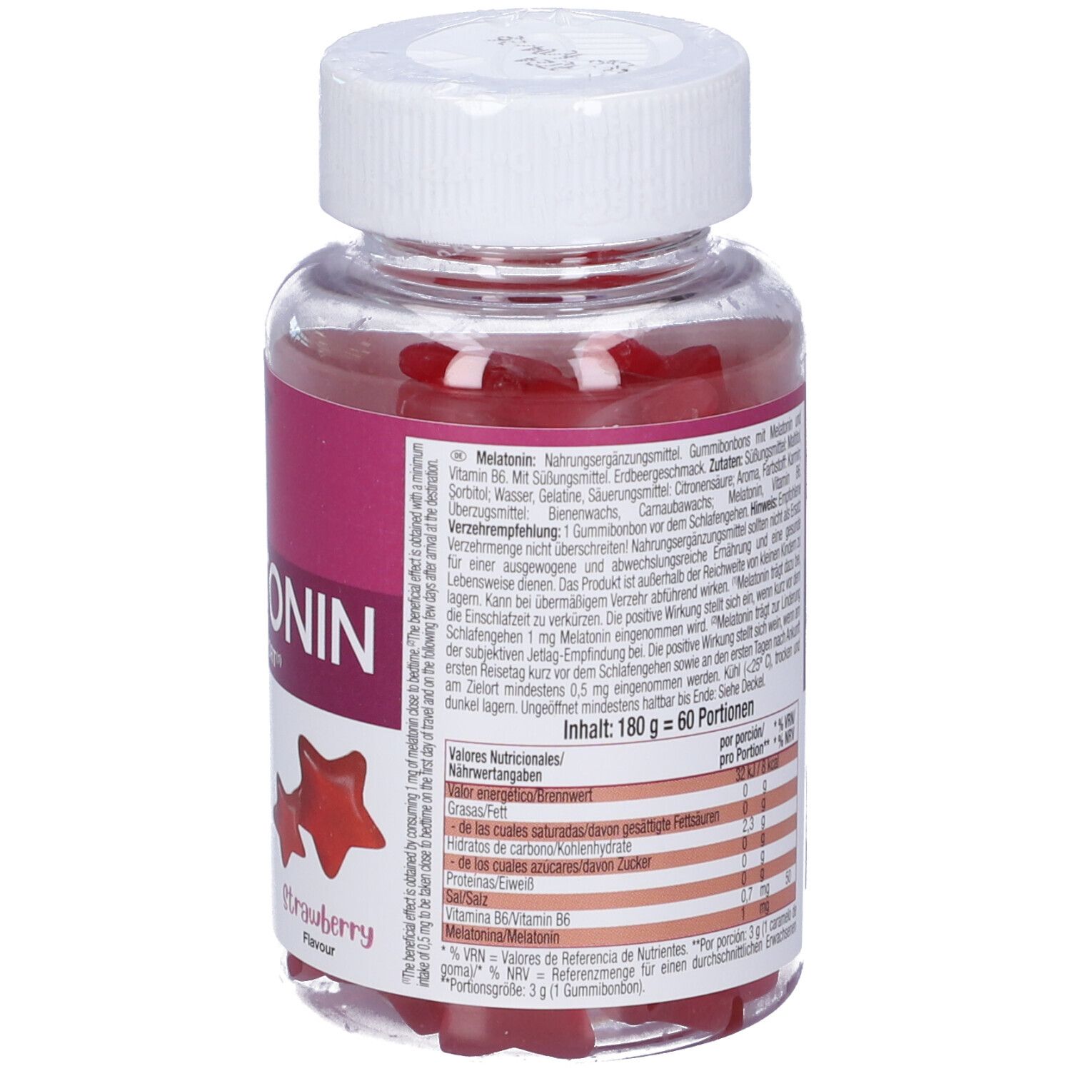 Retro del flacone di Weider Melatonin Gummies. Testo: ingredienti, informazioni nutrizionali. 60 porzioni. Informazioni produttore. Codice QR.