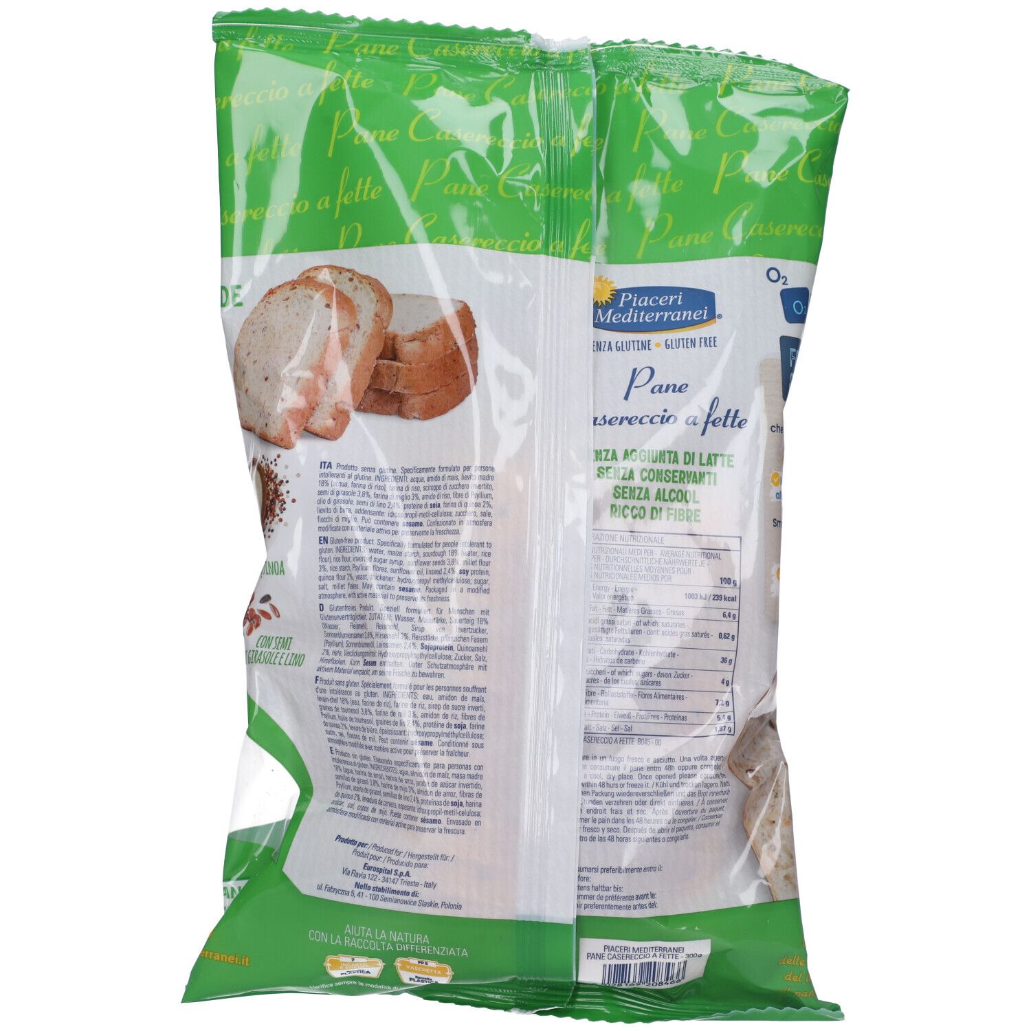 Retro della confezione di Pane Casereccio a Fette Senza Glutine. Testo e informazioni nutrizionali su sfondo verde.