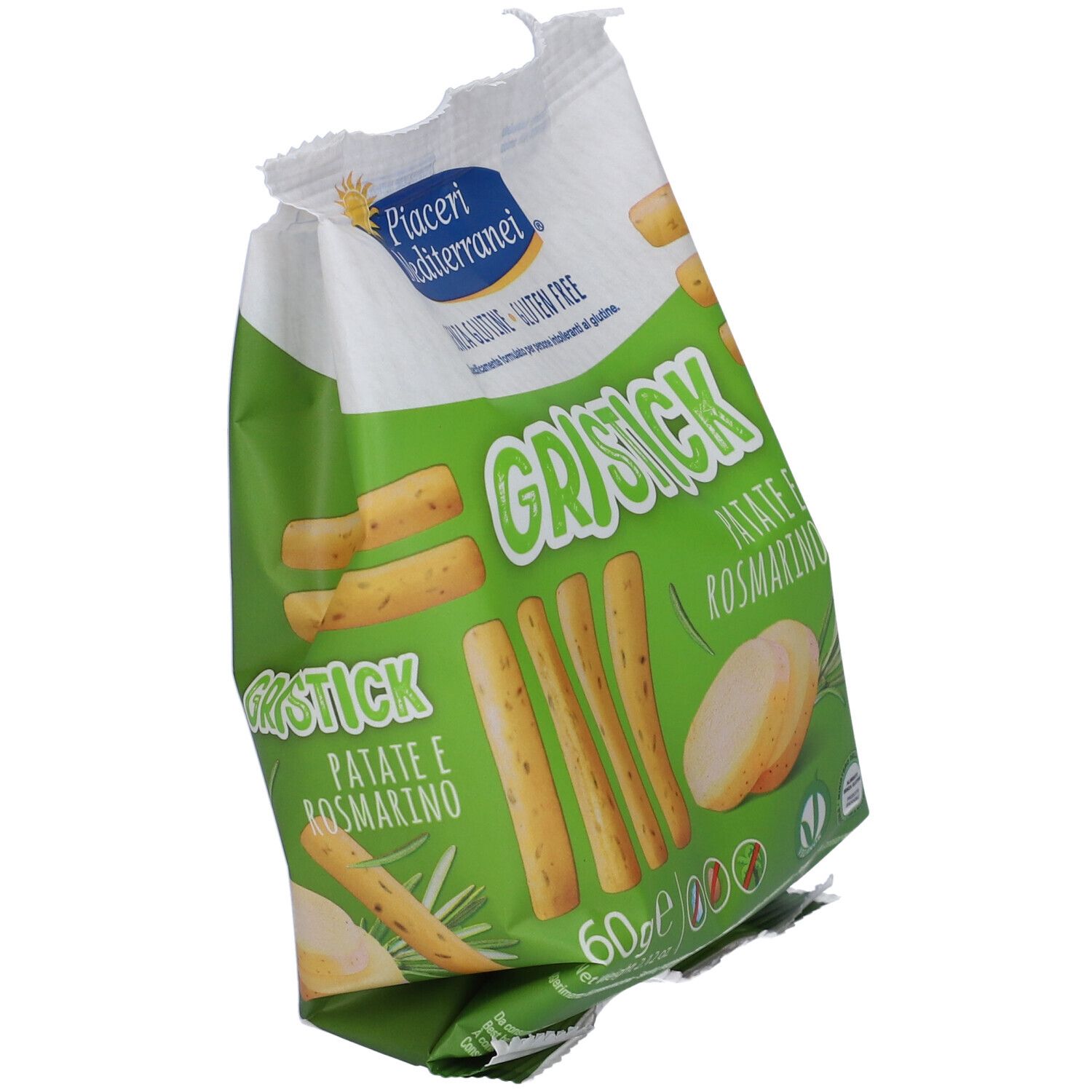 Confezione di Gristick Patate e Rosmarino in diagonale. Busta verde e bianca con immagine e testo del prodotto.