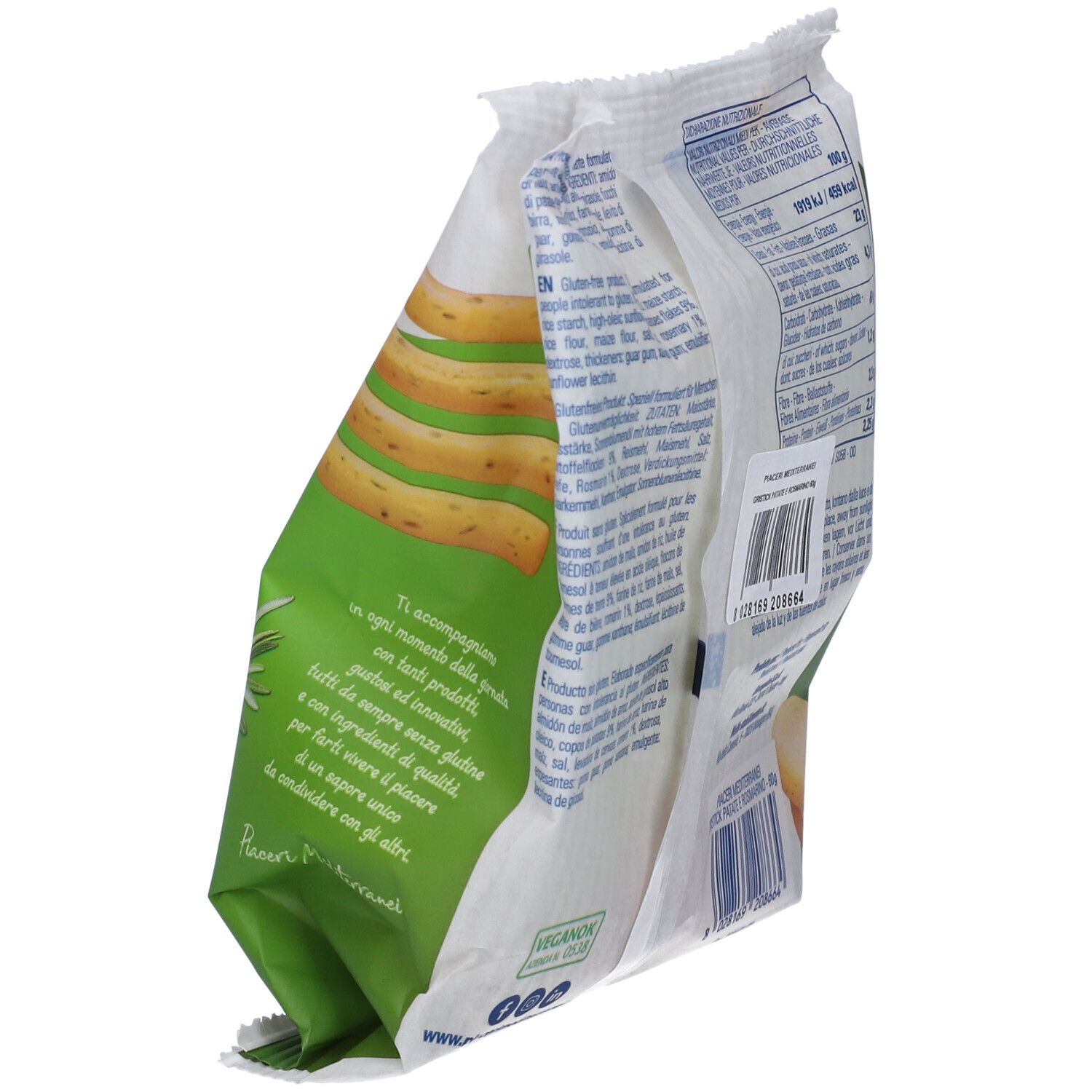 Retro diagonale della confezione Gristick Patate e Rosmarino. Testo e informazioni nutrizionali. Sigillo vegano.