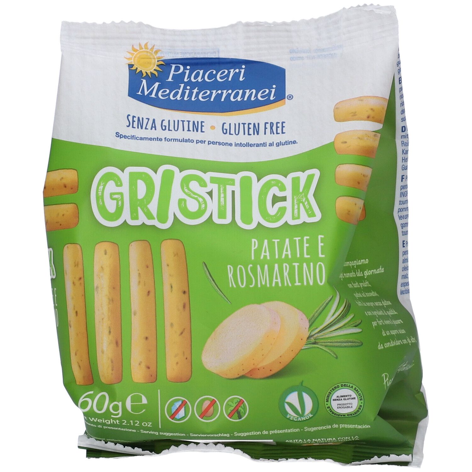 Confezione di Gristick Patate e Rosmarino. Busta verde e bianca con immagine e testo del prodotto. Senza glutine.