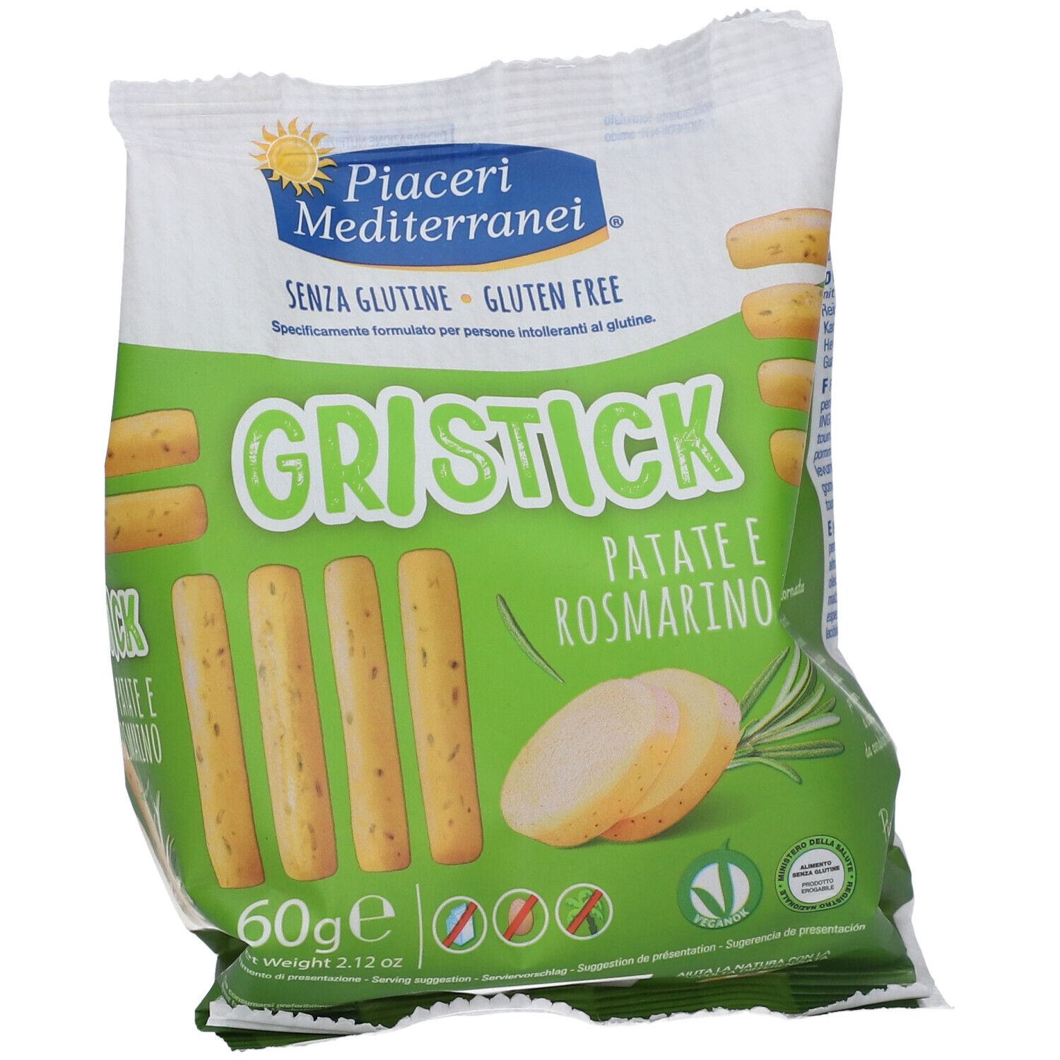 Confezione di Gristick Patate e Rosmarino. Busta verde e bianca con immagine e testo del prodotto. Senza glutine.