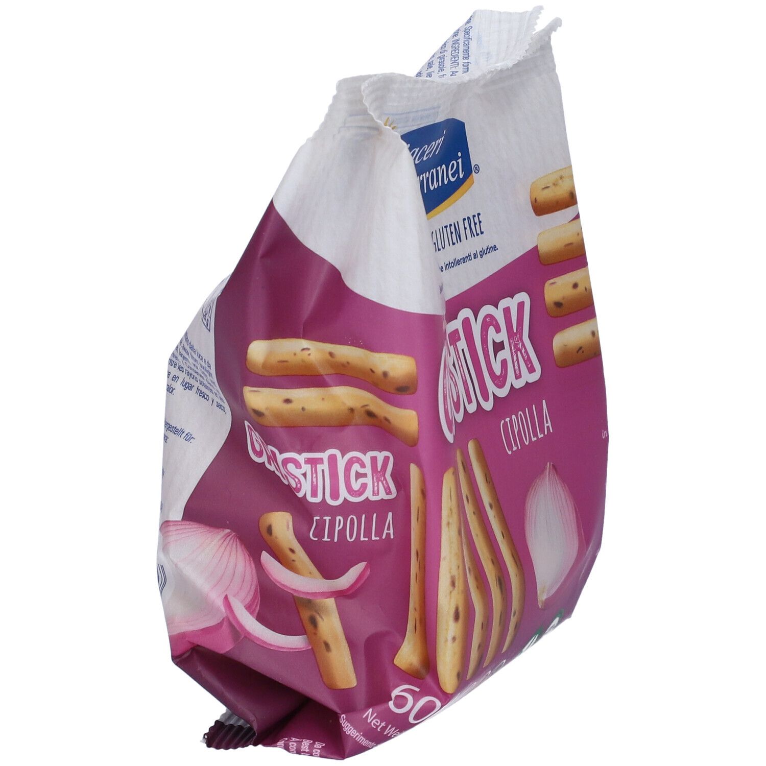 Confezione di Gristick Cipolla inclinata. Marchio Piaceri Mediterranei. Senza glutine. Immagine del prodotto e cipolla sulla confezione.