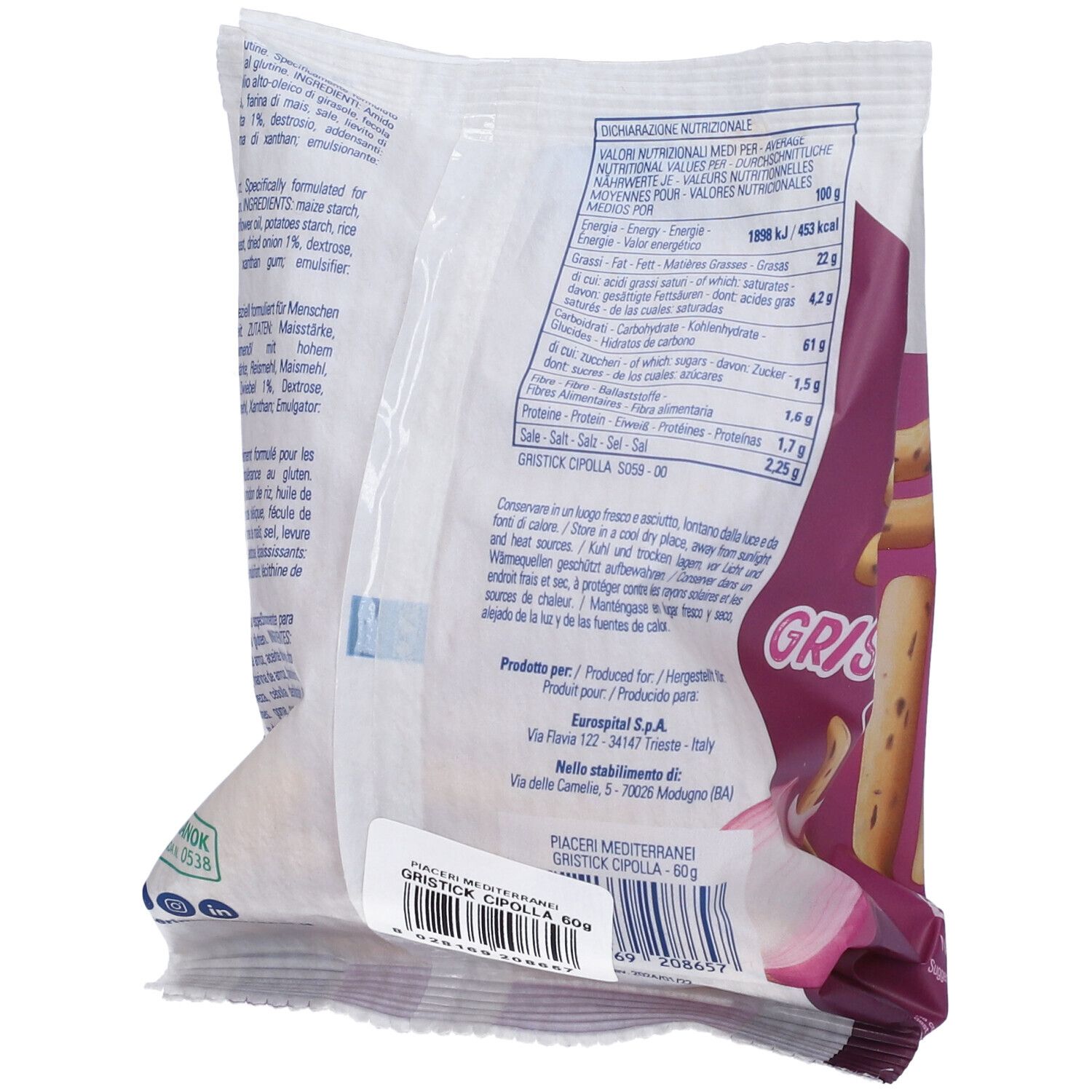 Retro della confezione Gristick Cipolla. Marchio Piaceri Mediterranei. Informazioni nutrizionali e prodotto. Sfondo rosa e bianco.