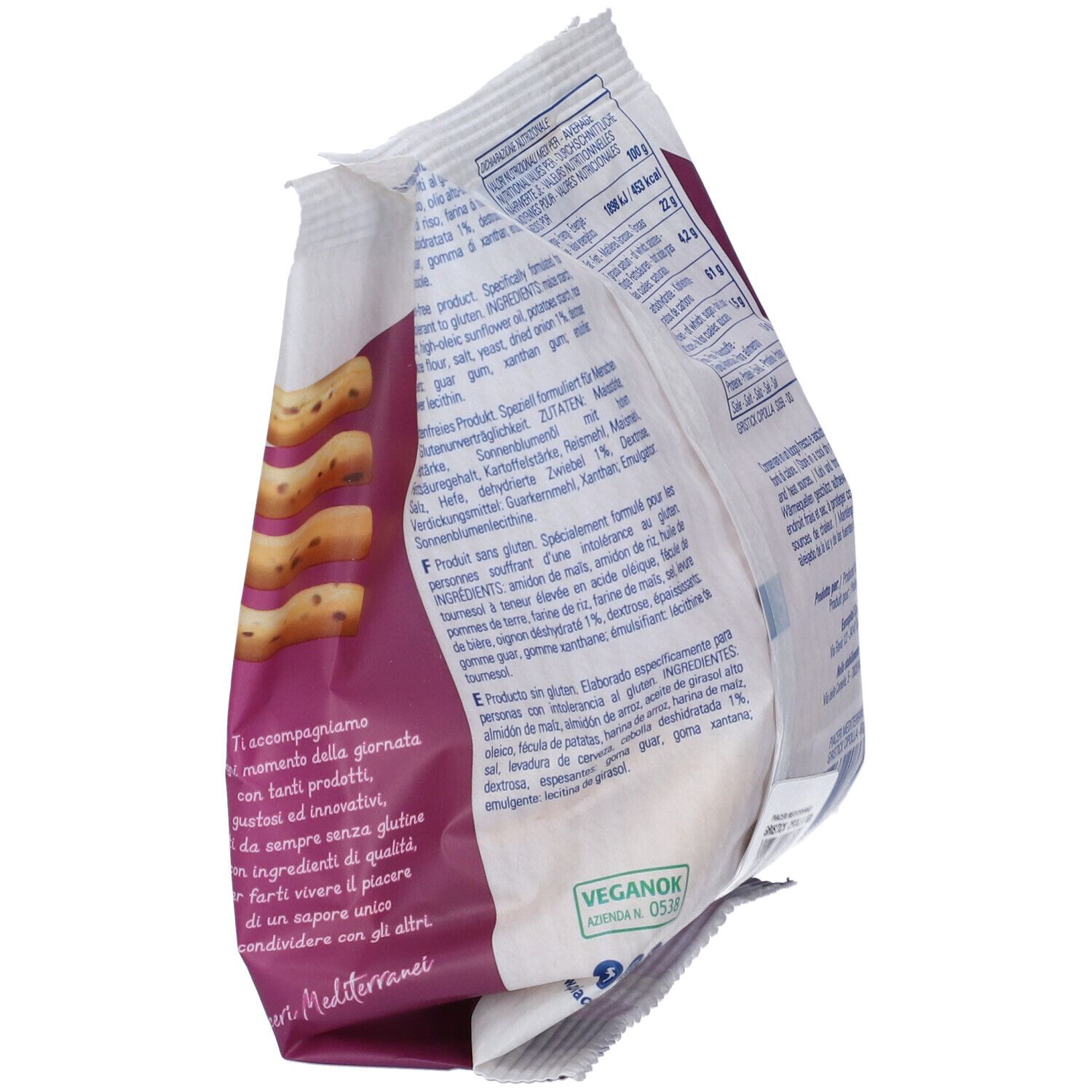 Confezione di Gristick Cipolla inclinata. Marchio Piaceri Mediterranei. Senza glutine. Testo e informazioni nutrizionali sulla confezione.