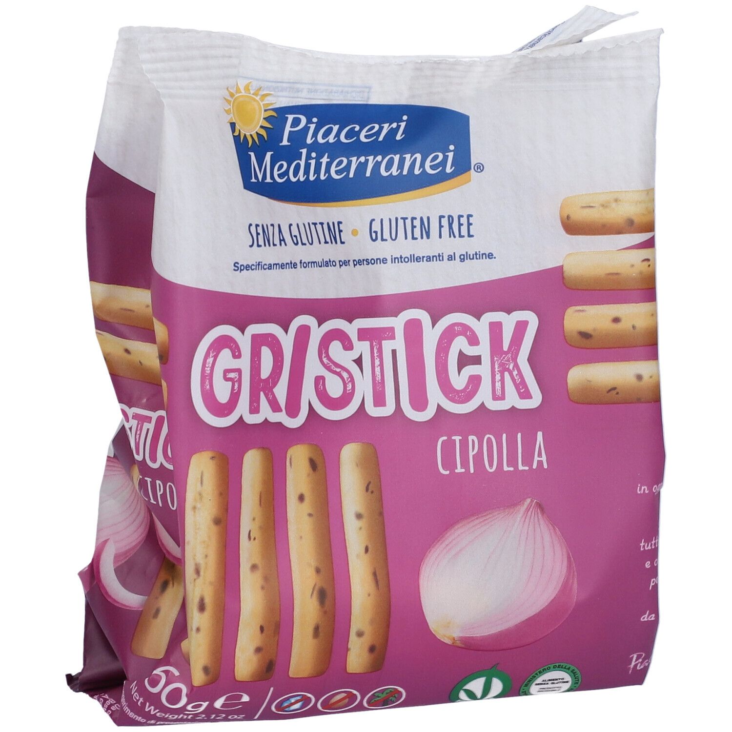 Confezione di Gristick Cipolla. Marchio Piaceri Mediterranei. Senza glutine. Confezione rosa e bianca con immagine del prodotto e cipolla.