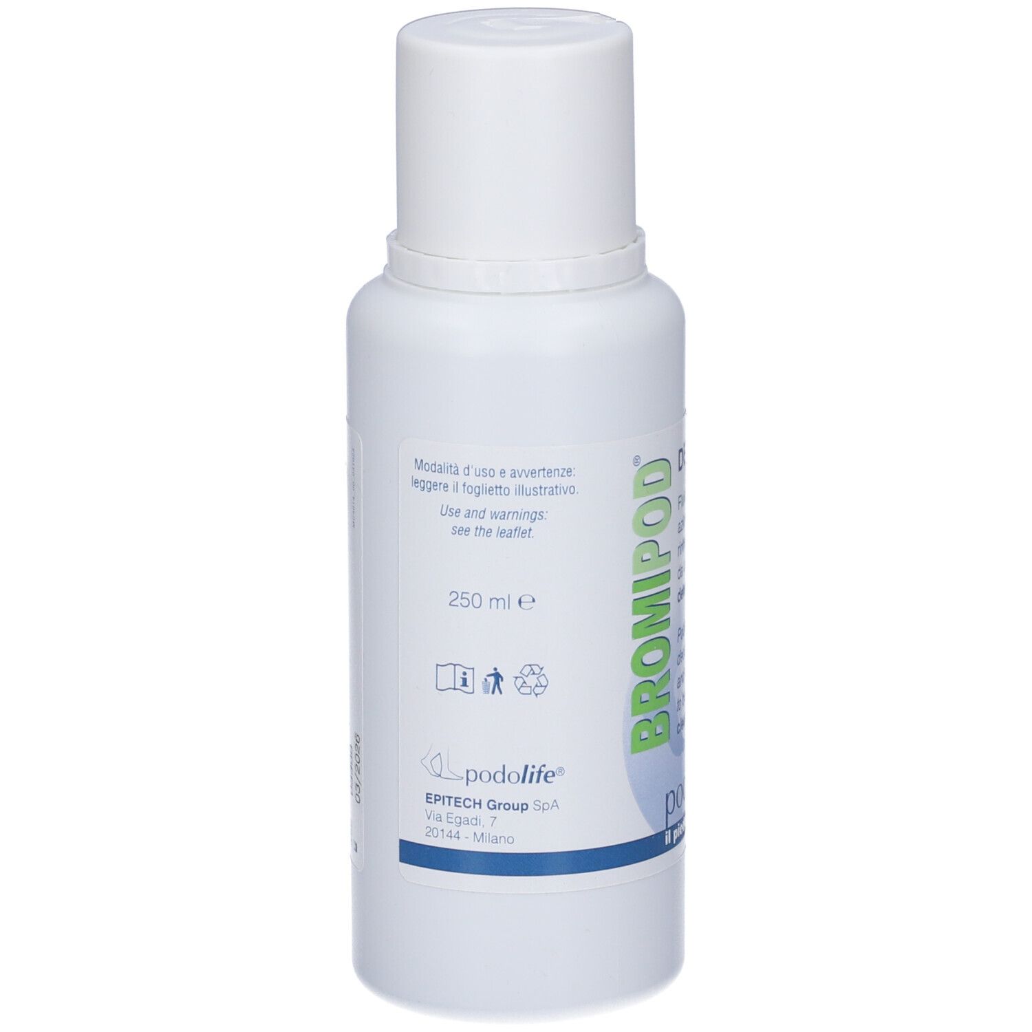 Flacone bianco. Testo: BROMIPOD, 250 ml, podolife. Avvertenze e istruzioni per l'uso.