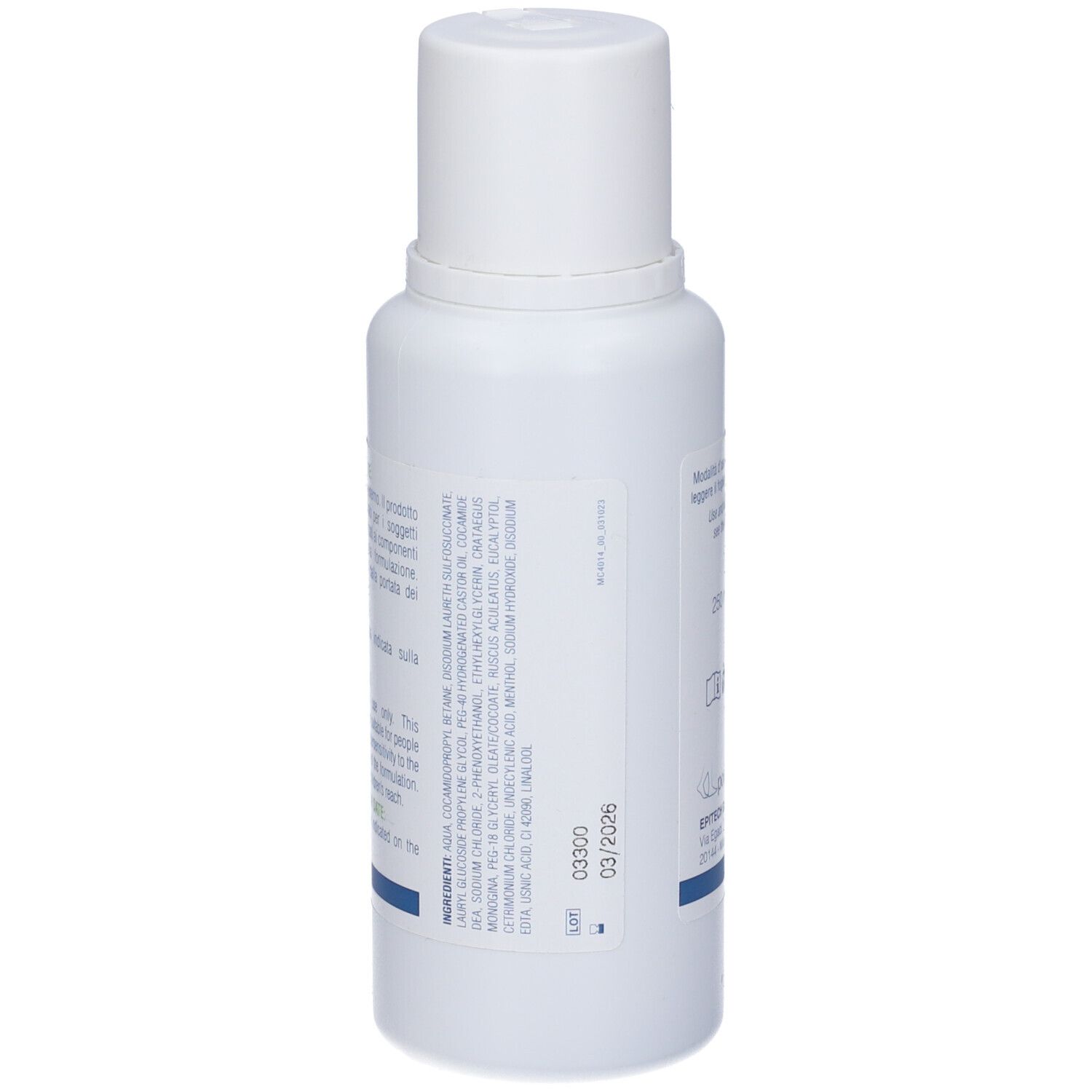Flacone bianco. Testo: BROMIPOD. Elenco ingredienti e data di scadenza 03/2026.