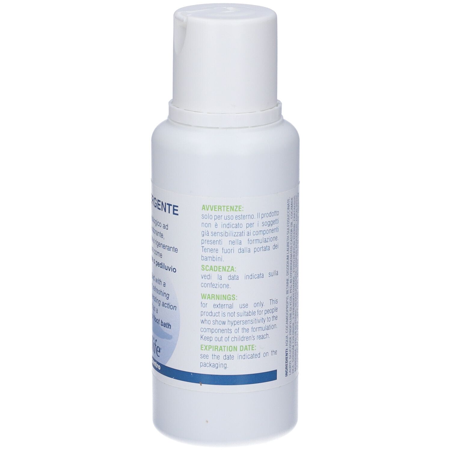 Flacone bianco. Testo: BROMIPOD, DETERGENTE, podolife. Avvertenze e data di scadenza.
