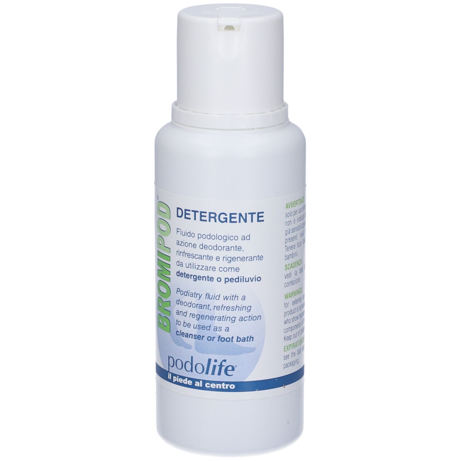 Flacone bianco con etichetta verde. Testo: BROMIPOD, DETERGENTE, podolife. Fluido podologico.