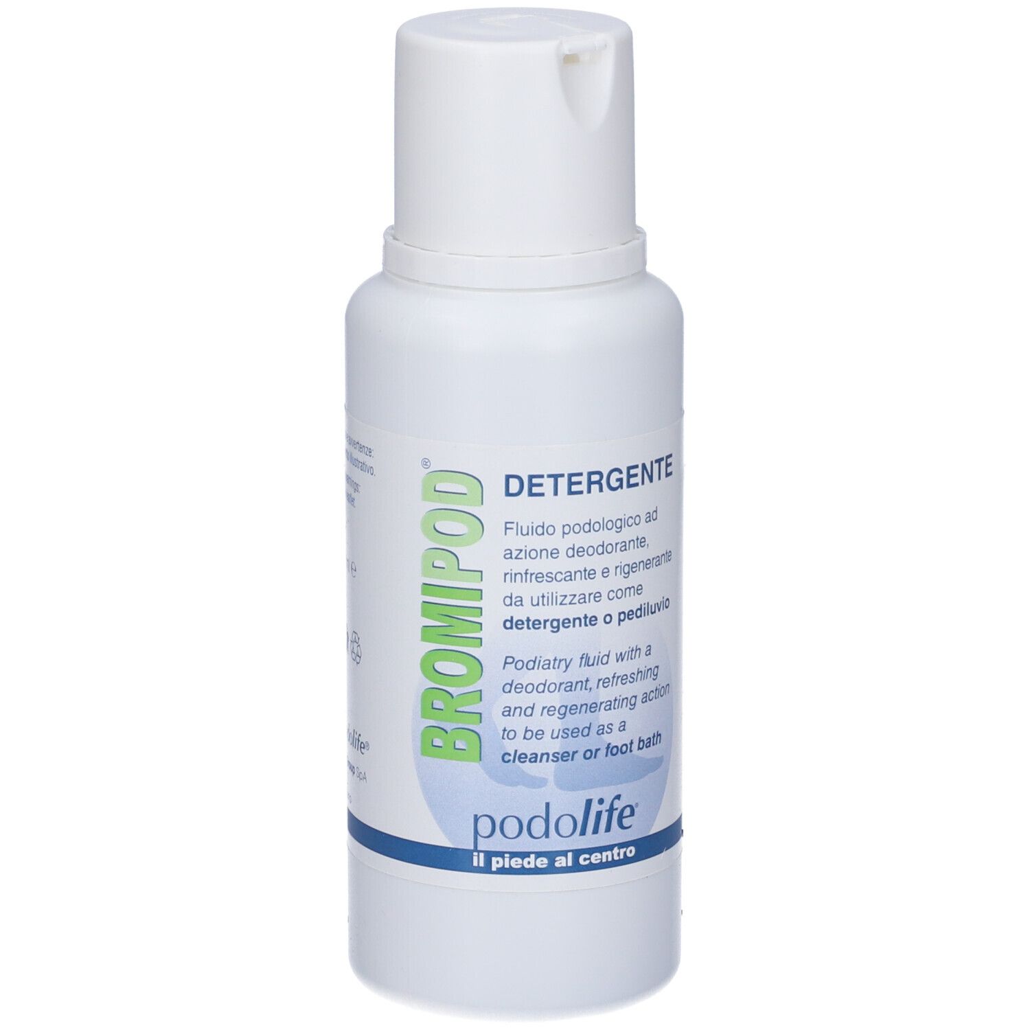 Flacone bianco con etichetta verde. Testo: BROMIPOD, DETERGENTE, podolife. Fluido podologico.