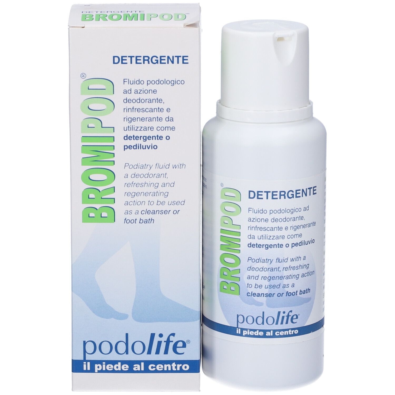 Prodotto e confezione. Testo: BROMIPOD, DETERGENTE, podolife. Fluido podologico.