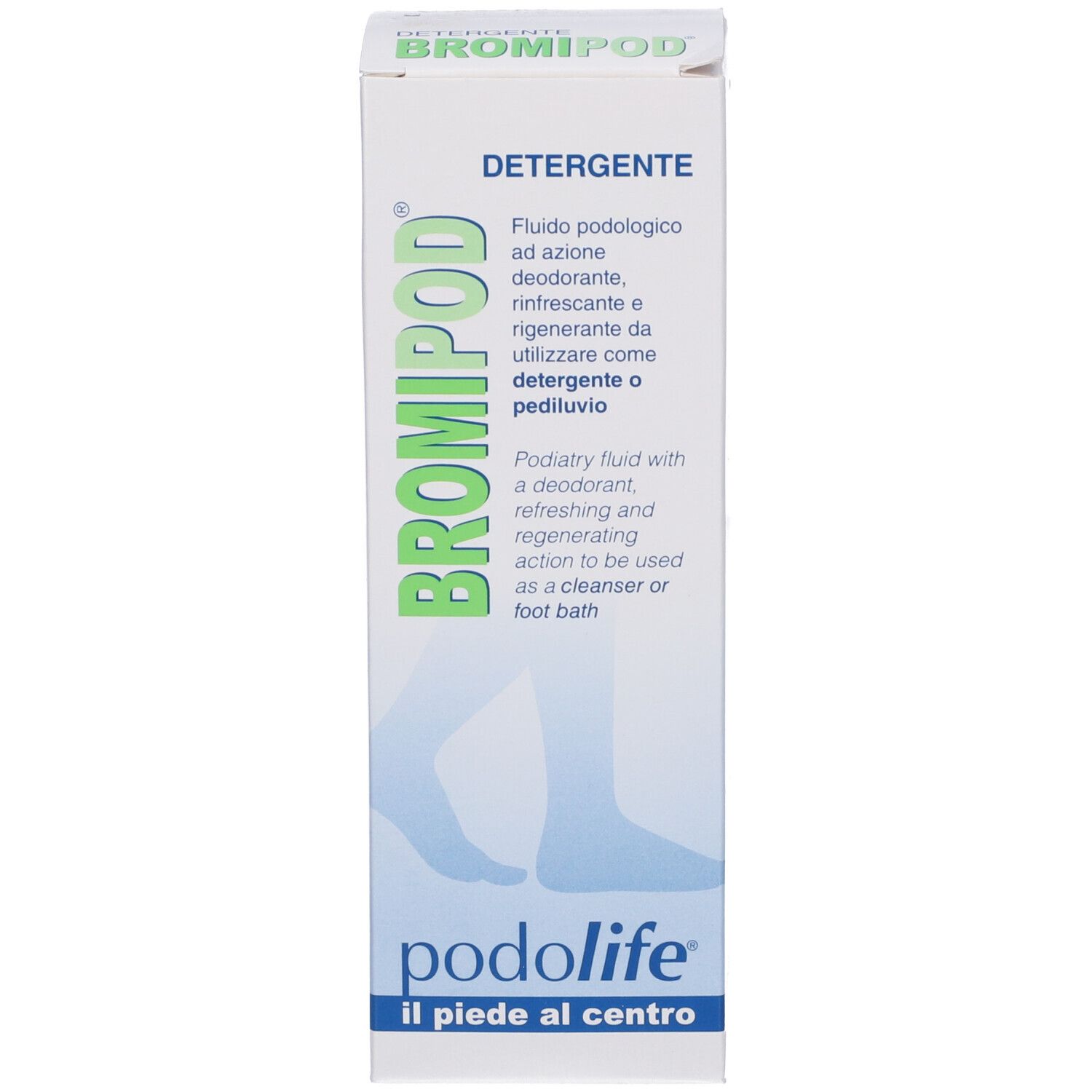Confezione. Testo: BROMIPOD, DETERGENTE, podolife. Fluido podologico. Illustrazione piedi.