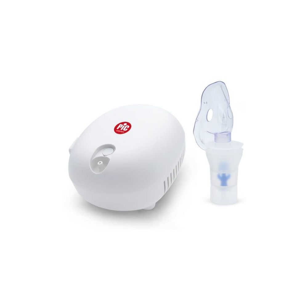 Dispositivo bianco con logo PIC e accessori. Maschera e nebulizzatore. Dispositivo medico.