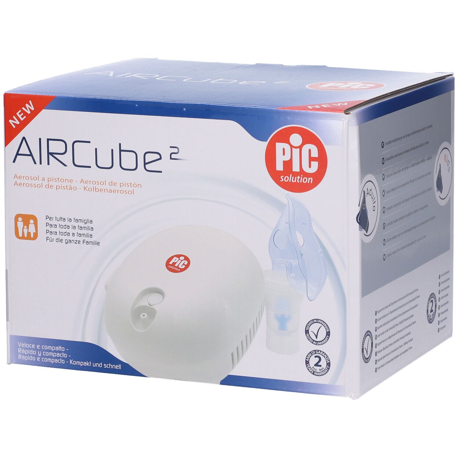 Confezione di Aircube2. Scritta 'NEW' e 'PIC solution'. Apparecchio per aerosol illustrato.