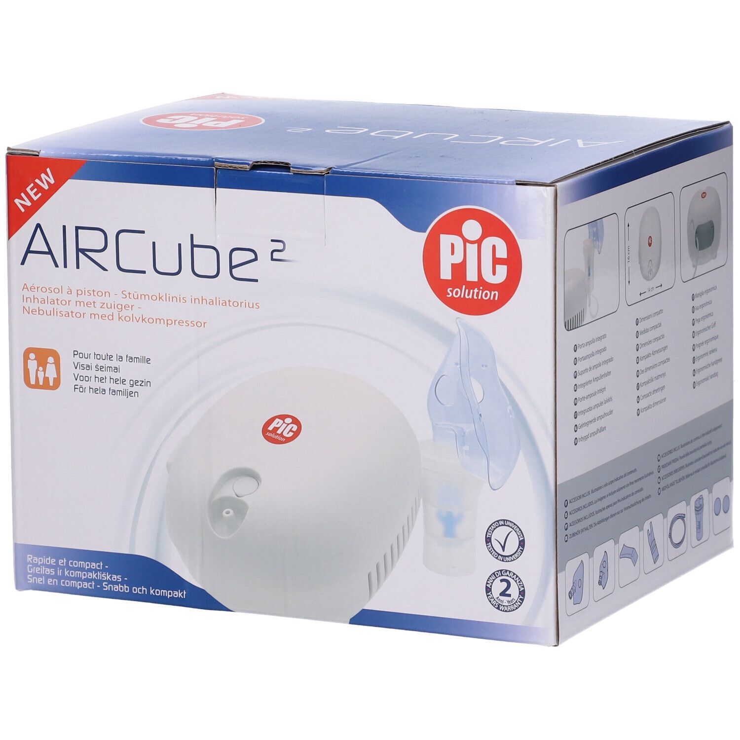 Confezione Aircube2. Scritta 'NEW' e 'PIC solution'. Apparecchio per aerosol illustrato.
