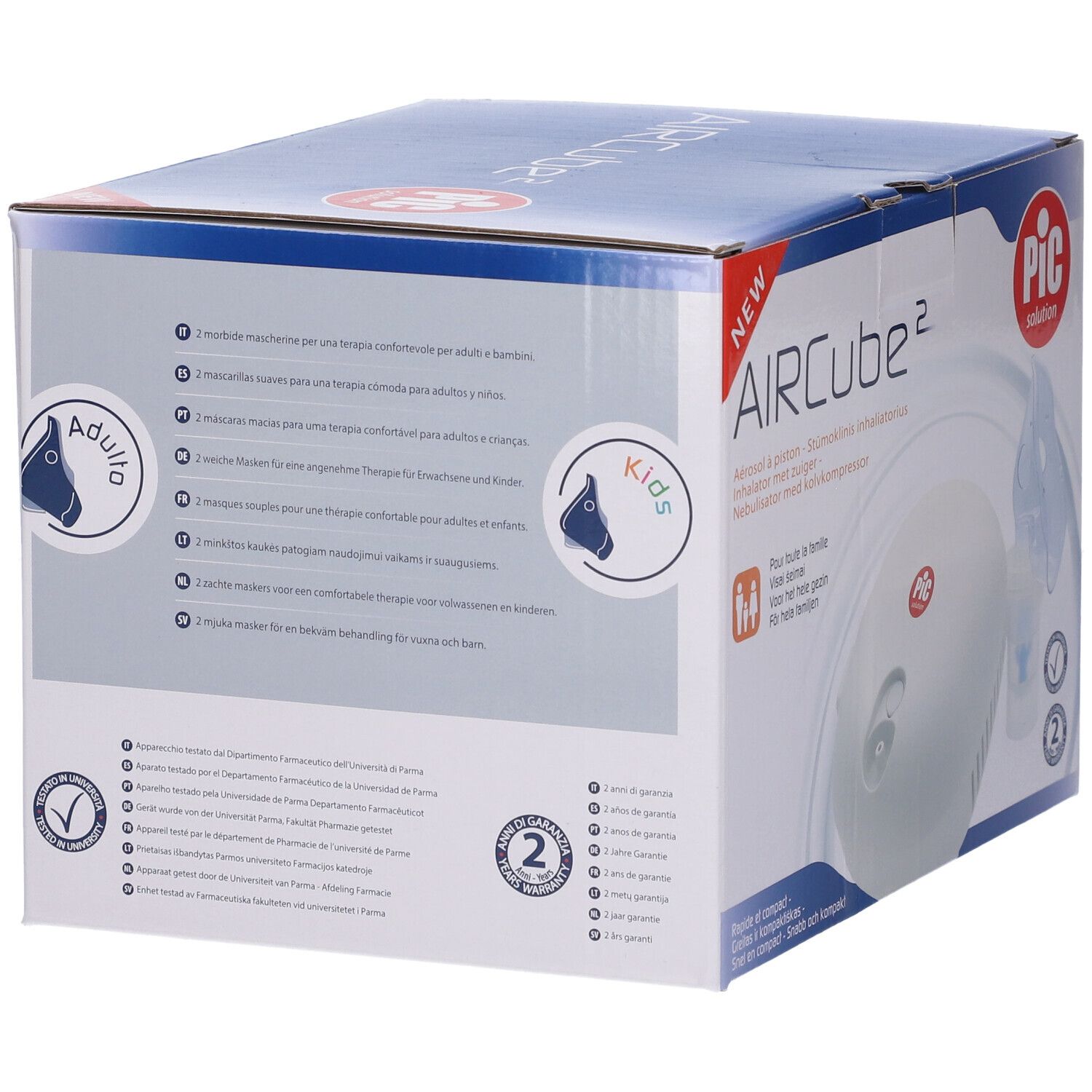 Confezione Aircube2. Scritta 'NEW' e 'PIC solution'. Per adulti e bambini.