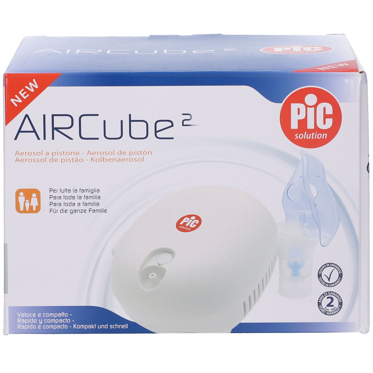 Confezione Aircube2. Scritta 'NEW' e 'PIC solution'. Per tutta la famiglia.